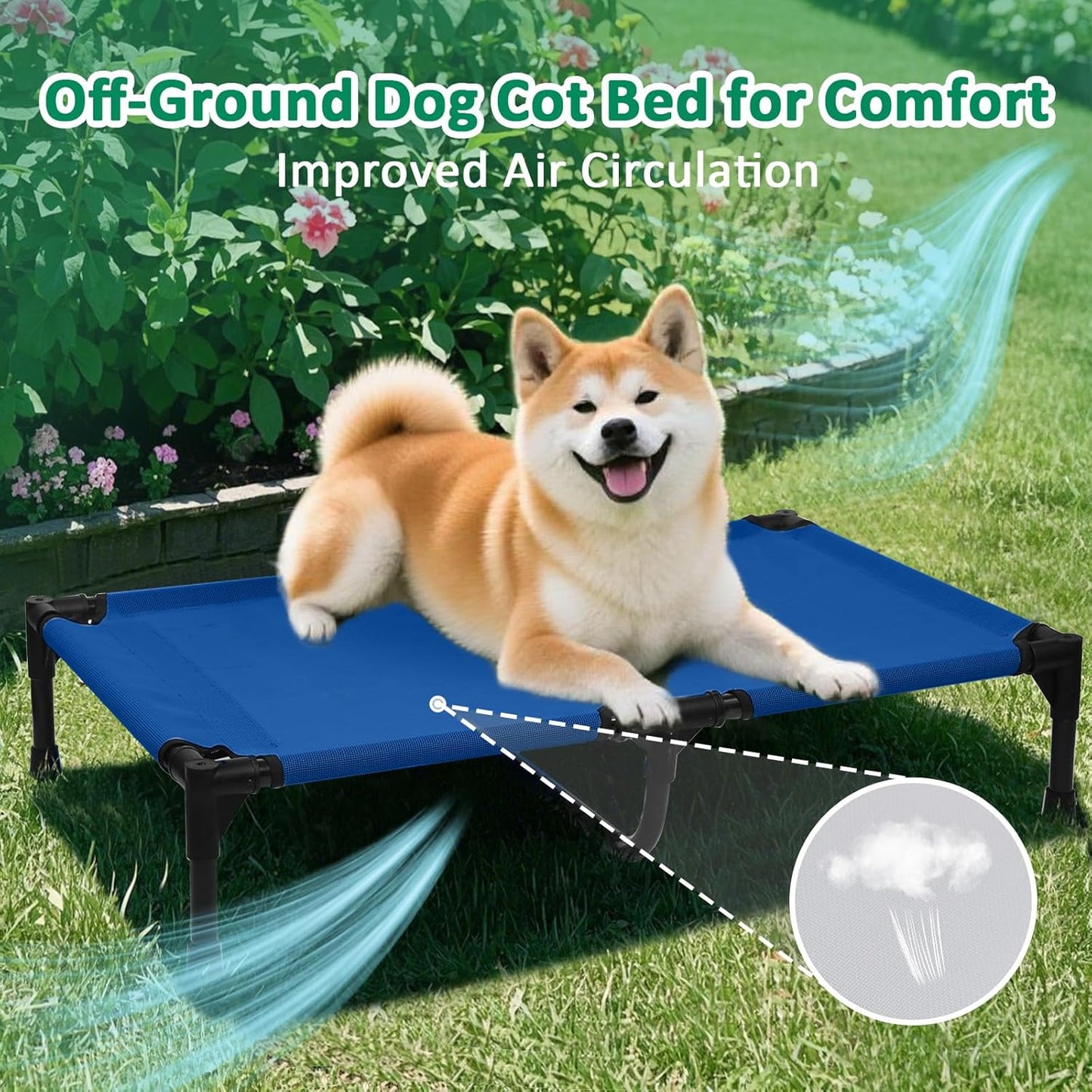 Elevated Dog Bed Outdoor for Medium Dogs, Raised Dog Cot Bed Off The Ground with Breathable Mesh & Non Slip Feet, Lifted Pet Hammock Bed Indoor (M, Blue)