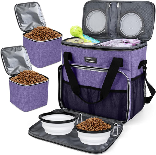 BAGLHER Dog Travel Bag, Pet Travel Bag (ALL Pet Travel Supplies), With 2 Pet Food Containers and 2 Collapsible Silicone Bowls; Essential Kits for Pet Travel Purple
