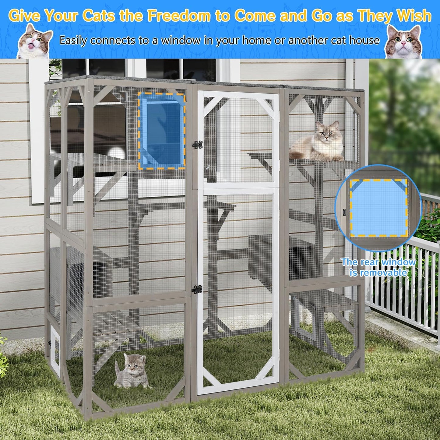 Catio Outdoor Cat Enclosure Cat House, Large Wooden Walk-in Cat Cage Condo Indoor Playpen with Multi Platforms, Flat Roof, and 2 Resting Box (Grey, 70.9" L x 36.5" W x 70.9" H)