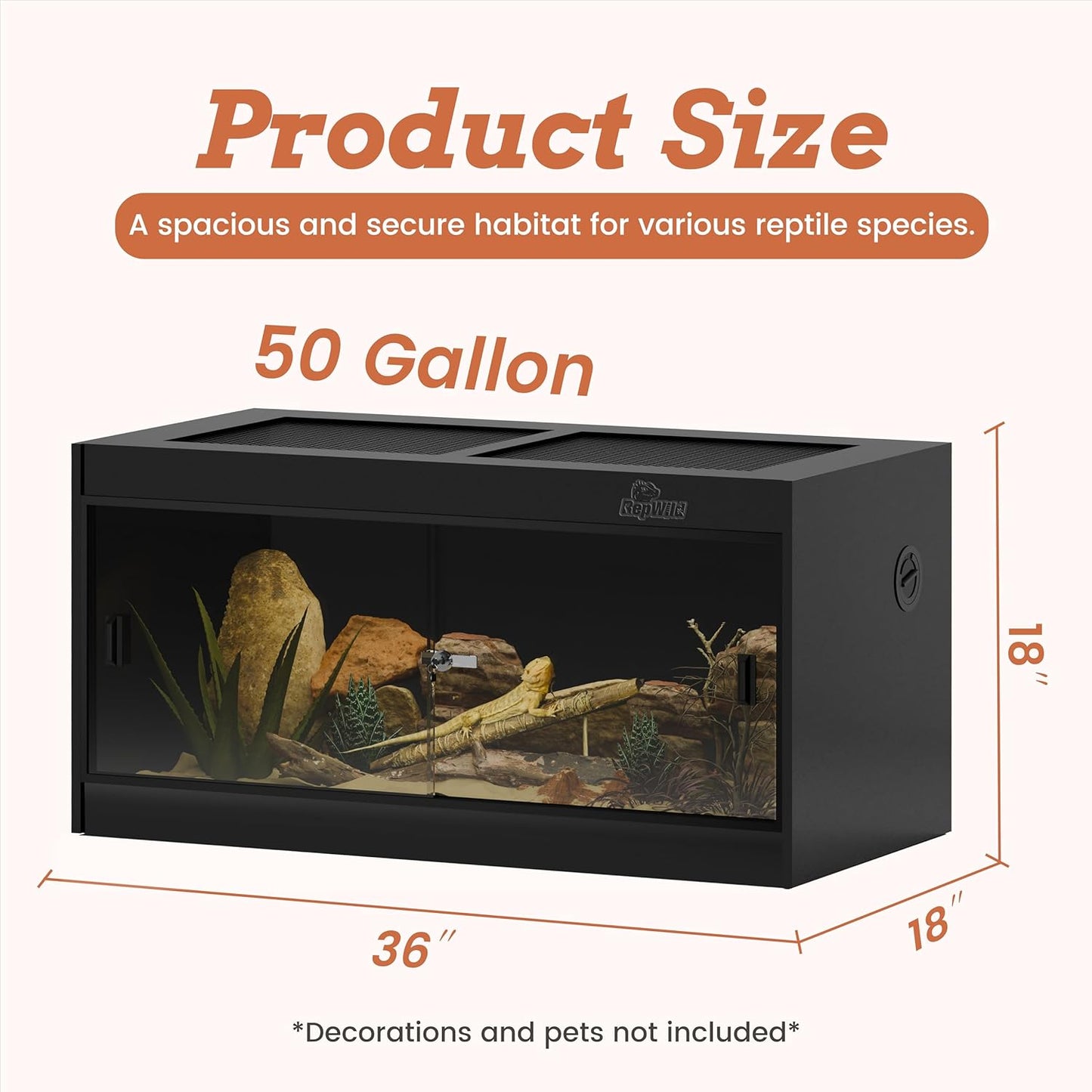 50 Gallon PVC Reptile Enclosure, RepWild 36"x18"x18" Terrarium/Tank with Heavy-Duty Screen Top, Glass Sliding Doors & Lock for Bearded Dragons, Ball Python, Geckos, Lizards