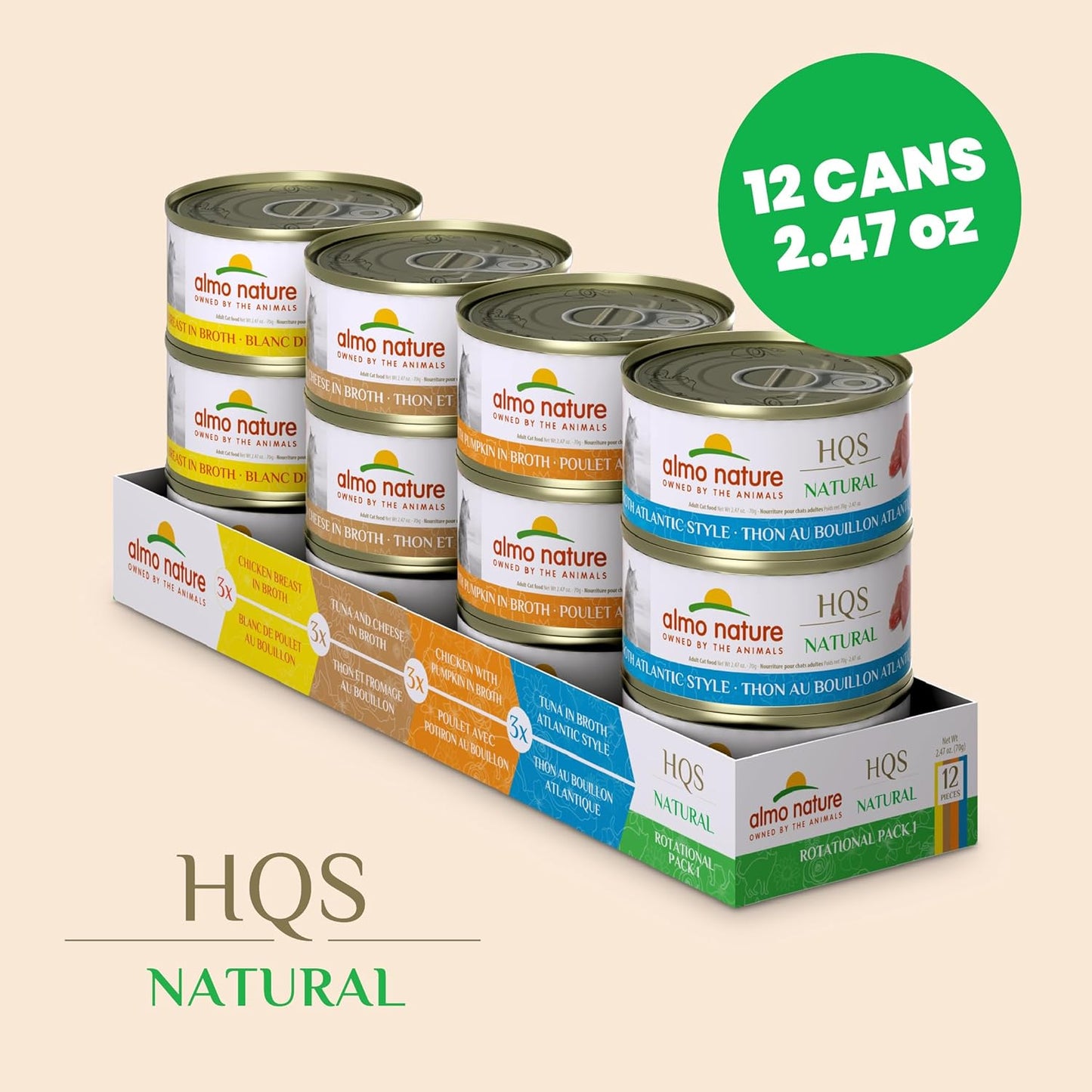 almo nature Wet Cat Food HQS Natural Rotational Diet Chicken & Tuna Selection-Variety Pack, Grain-Free, High-Protein, Highly Digestible, Sensitive Stomach Formula, Additive-Free, 2.47 oz Cans,24-Pack