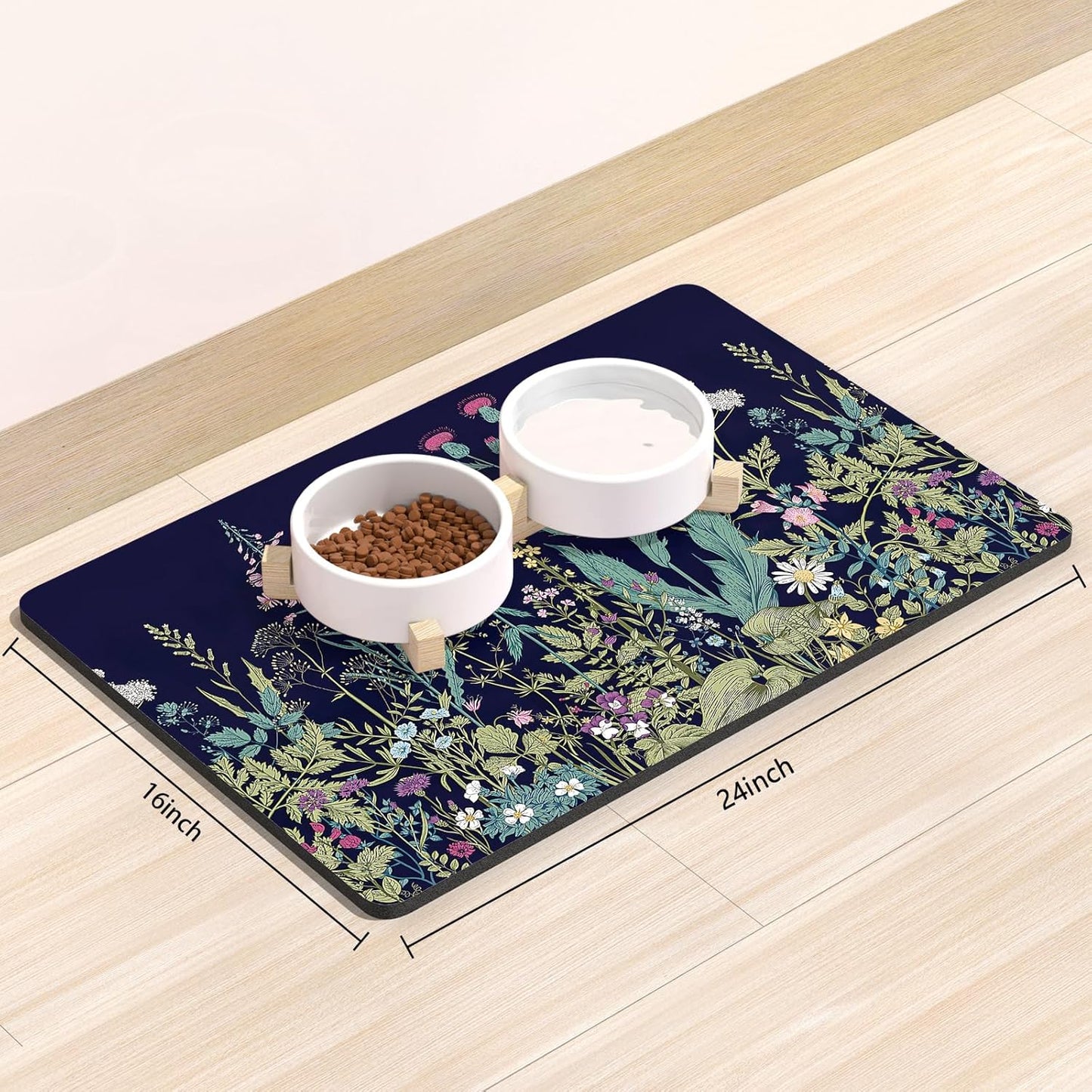 Rnivvi Dog Food Mat, 16" x 24" Flower Absorbent Dog Cat Bowl Mat for Food and Water, Cute Anti-Slip Rubber Pet Feeding Rug Protect Floors, Puppy Placemat for Feeding & Watering Supplies,Black Floral