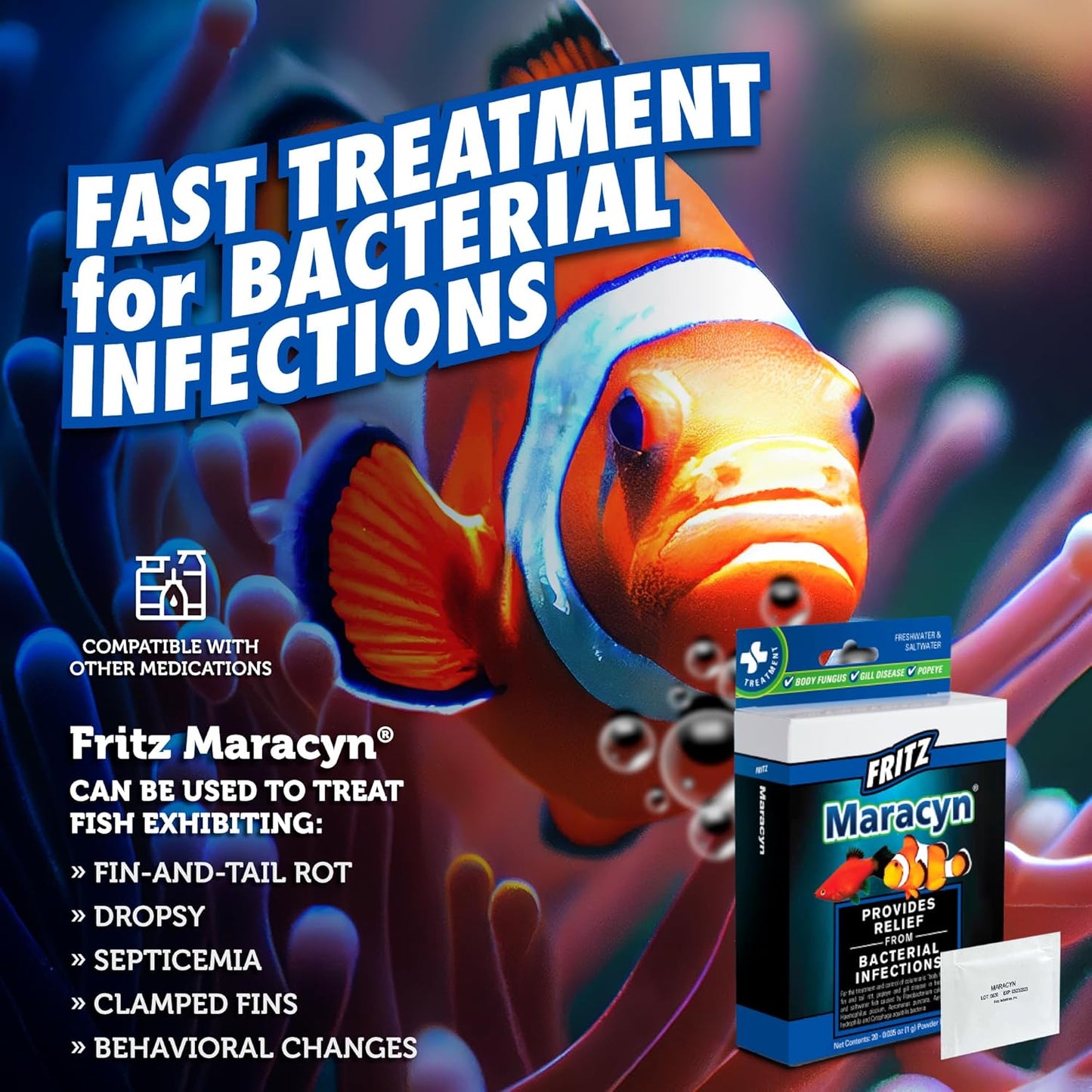 Fritz Maracyn - for Saltwater and Freshwater gram-Positive Relief from Bacterial gil, Popeye, More - Easy dose Packets, 20 Count