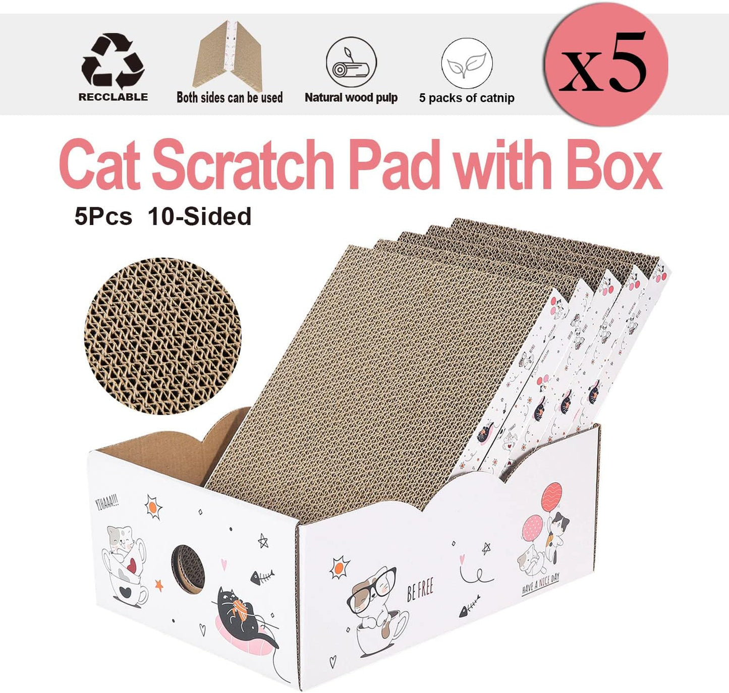 5 Packs in 1 Cat Scratch Pad with Box, Cat Scratcher Cardboard,Reversible,Durable Recyclable Cardboard, Suitable for Cats to Rest, Grind Claws and Play with Scratch Box
