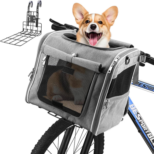 Xixter Dog Basket for Bike, Suitable for Small & Medium Pet Up to 7 kg, Foldable 4-in-1 Pet Bike Basket, Crossbody, Shoulder and Car Seat, with Sturdy Bracket and 4 Mesh Windows, Gray