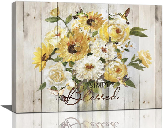Sunflower Bathroom Pictures Wall Art, Simple Blessed Floral Bathroom Wall Decor, Flower Framed Painting Canvas Artwork for Bedroom Living Room Decorations 20"L x 16"W