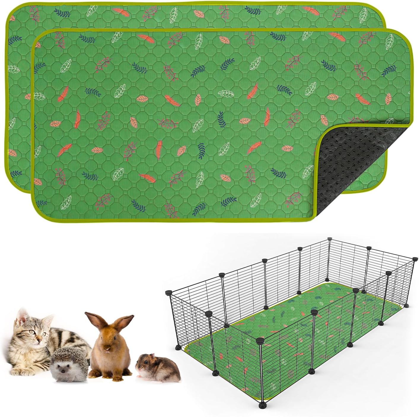 Sunheir 2 Pack Washable Guinea Pig Pee Pads, 24" x 48" Waterproof Reusable Guinea Pig Cage Liners, Absorbent Bedding Training Mat for Small Animal Guinea Pigs Rabbit Bunny Hamster - Green