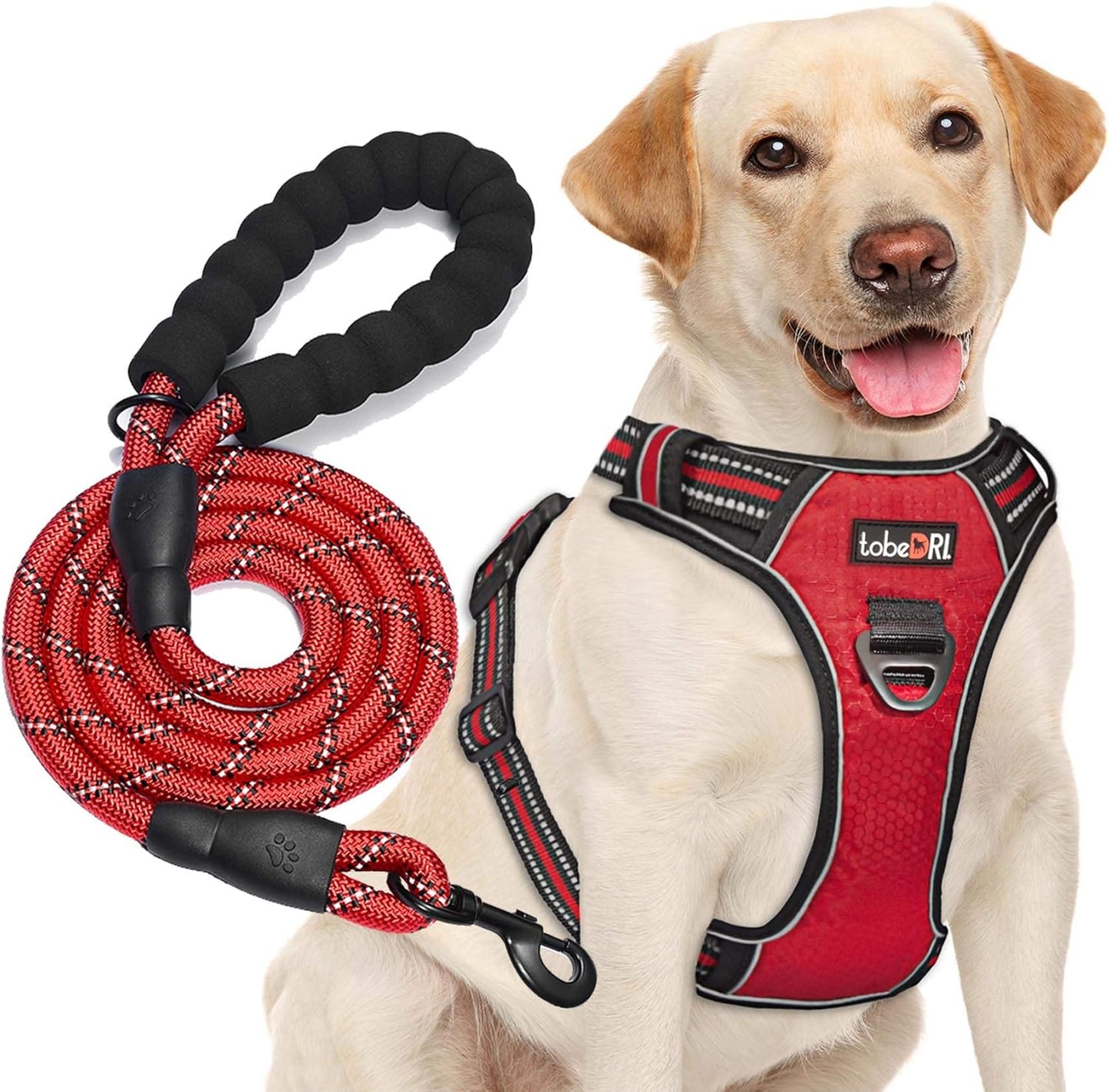 No Pull Dog Harness Adjustable Reflective Oxford Easy Control Medium Large Dog Harness with A Free Heavy Duty 5ft Dog Leash (XL (Neck: 21.5"-33", Chest: 30"-39.5"), Red Harness+Leash)
