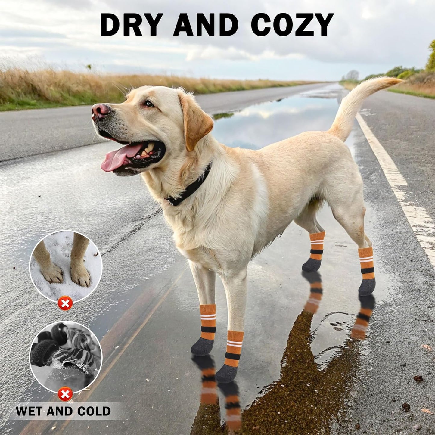 SCENEREAL Anti Slip Dog Boots & Paw Protectors for Hardwood Floor, Extended Dog Socks to Prevent Licking Paws, Waterproof Pet Snow Rain Shoe for Winter Medium Senior Dogs, Khaki M