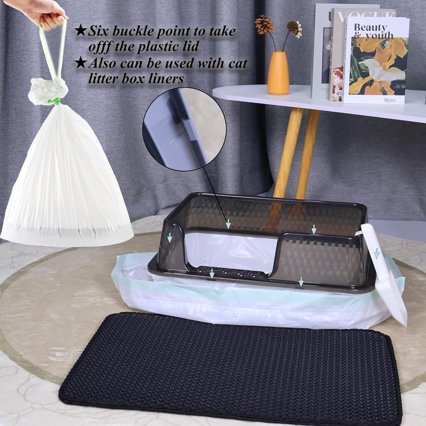 Suhaco Stainless Steel Litter Box Side Entry, Kitty Litter Mat and White Scoop Included Covered Metal High Sided Extra Large Cat Litter Box with Lid Removable Enclosure for Medium Cats (Tall Black)