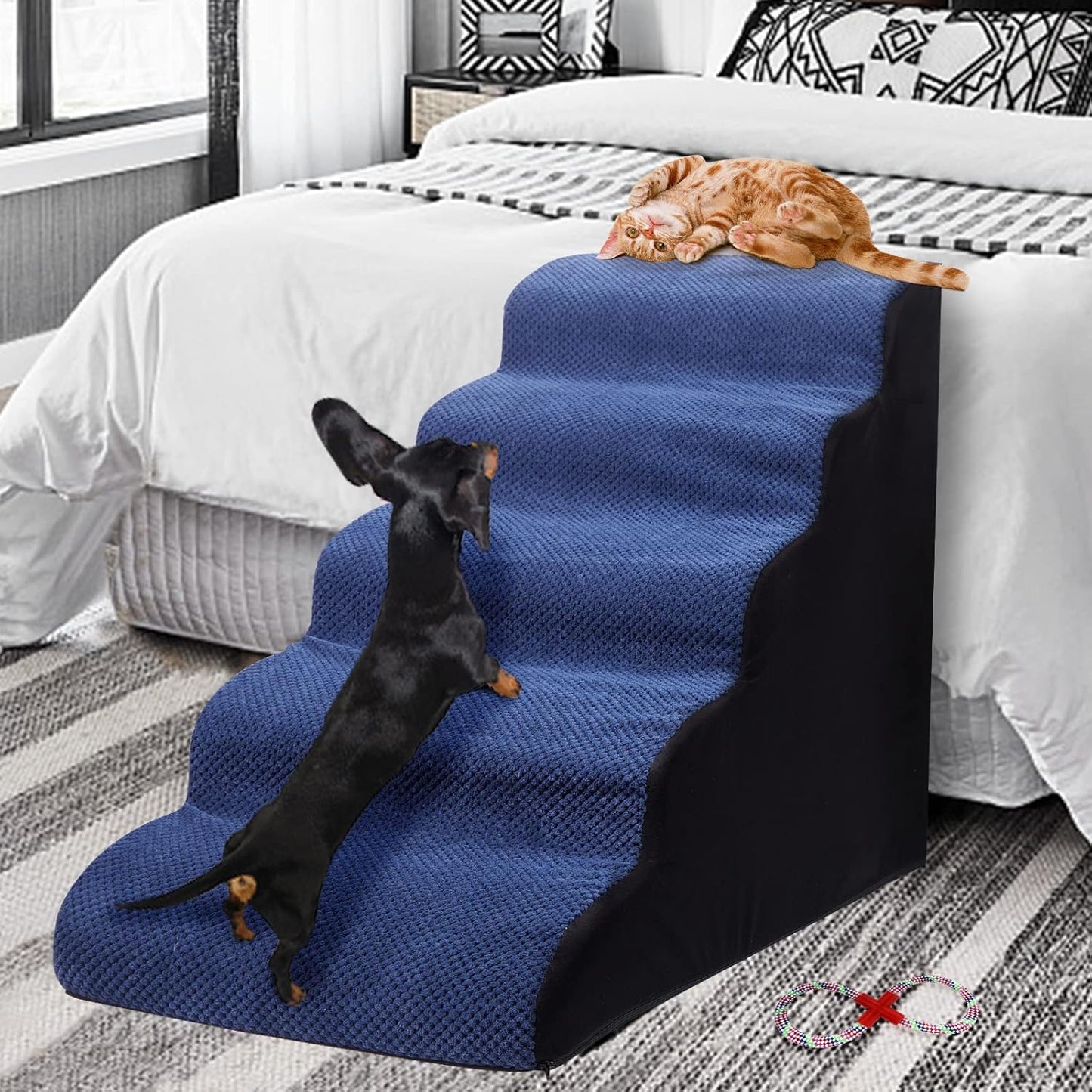 Dog Steps&Stairs for High Beds 24.4 inches High Up to 24-28 inches Bed, Tall Extra Wide Pet Stairs/Steps for High Bedsides,Non-Slip Dog Ramps for Small Older Dogs/Cats(Blue)