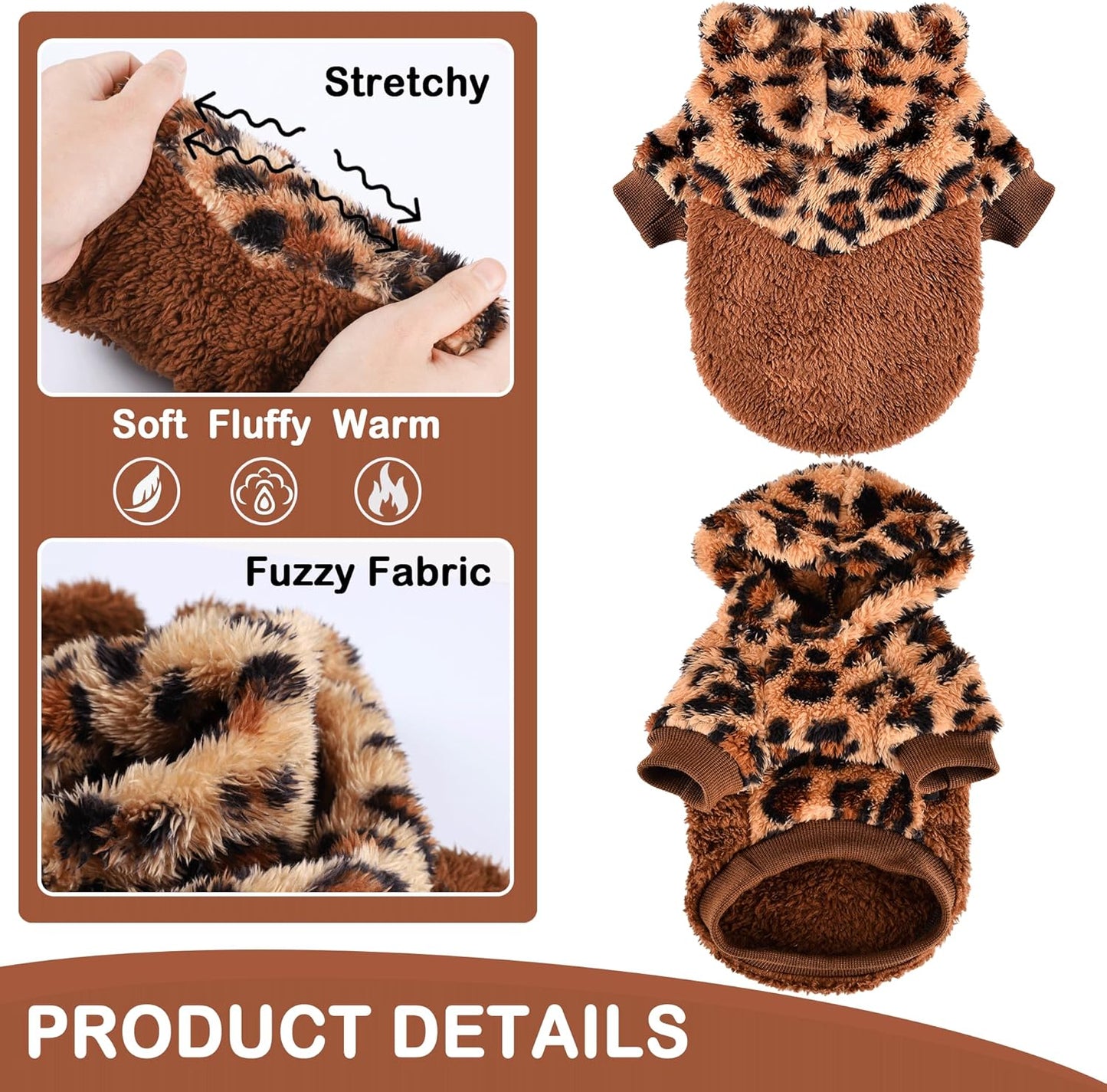 Yikeyo Leopard Dog Clothes Lightweight Fluffy Puppy Hoodie Pet Sweatshirt Doggie Hooded Outfits Cat Apparel (Large, Leopard)
