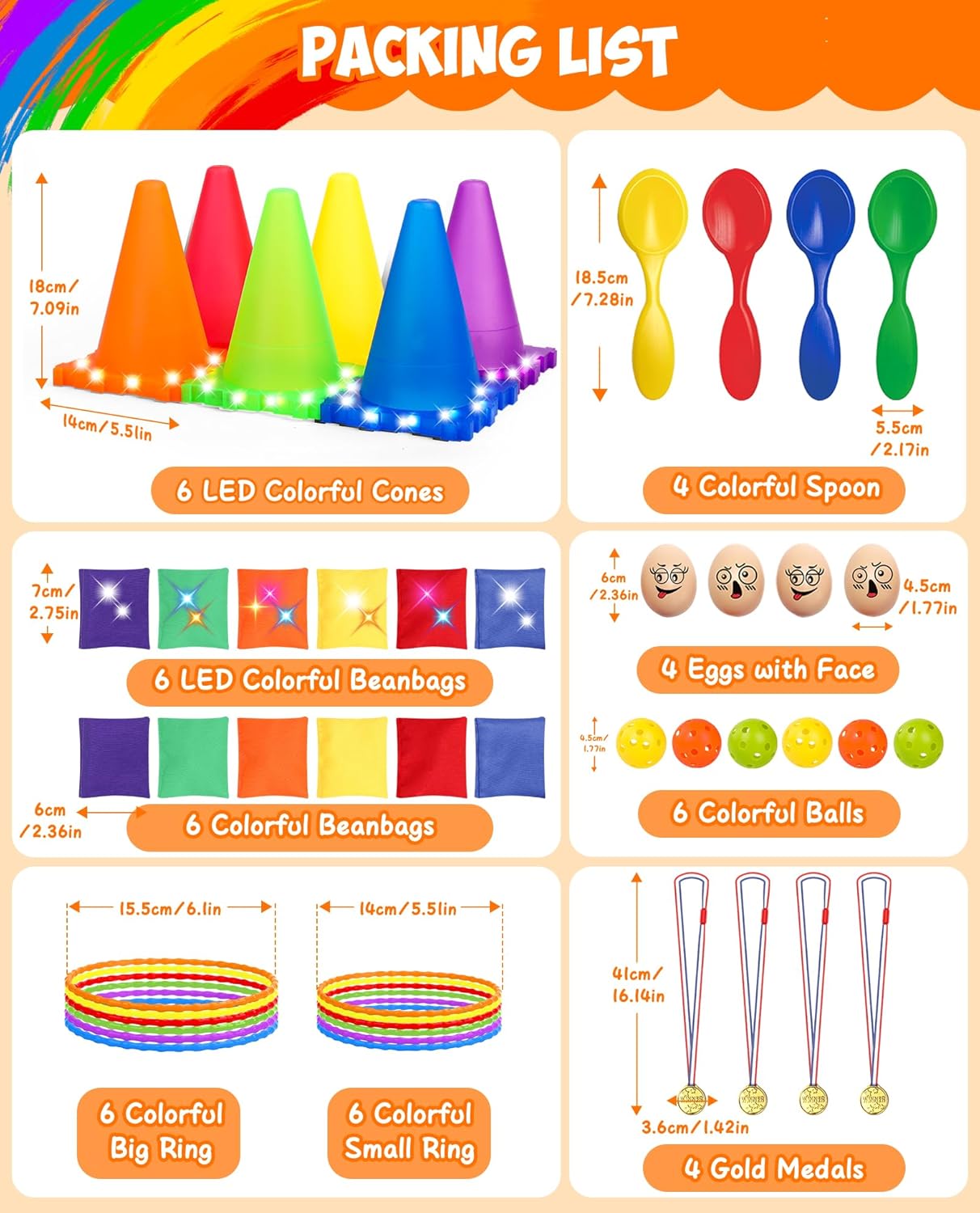 Eocolz 49PCS Carnival Games Outdoor Combo Set for Kids with LED Light, Plastic Cones Obstacle Course Bean Bags Balls Ring Toss Game Egg and Spoon Race Lawn Game, Gift for Birthday Party/Xmas/Easter