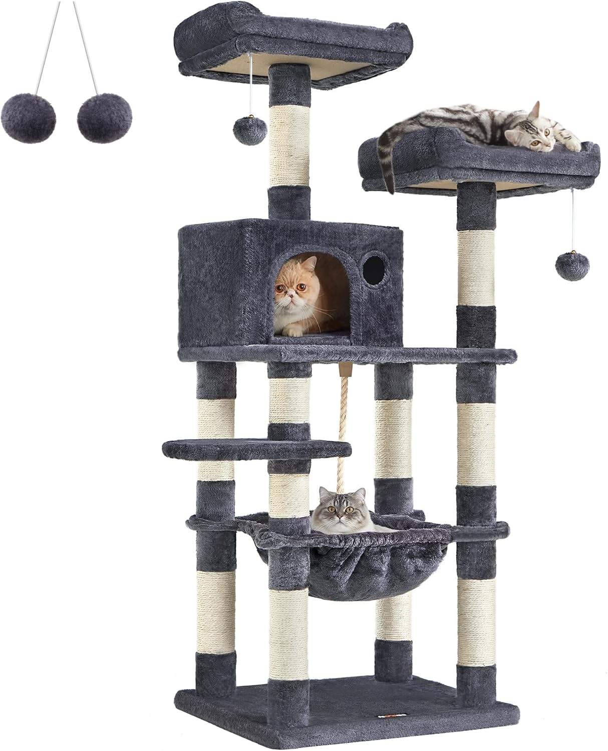 FEANDREA Cat Tree, Cat Tower for Indoor Cats, 56.3-Inch Cat Condo with Scratching Posts, Hammock, Plush Perch, Smoky Gray UPCT15GYZ