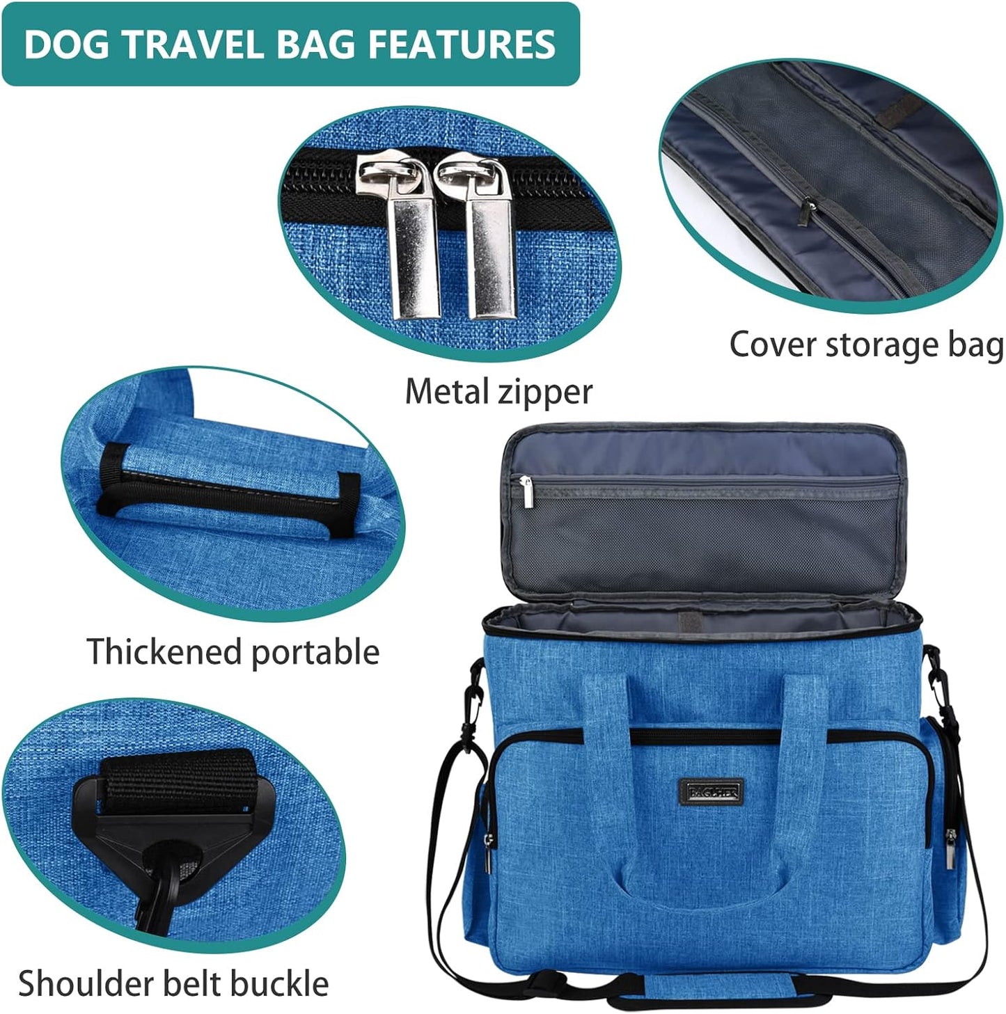 BAGLHER Dog Travel Bag, Pet Travel Bag (ALL Pet Travel Supplies), With 2 Pet Food Containers and 2 Collapsible Silicone Bowls; Essential Kits for Pet Travel Blue
