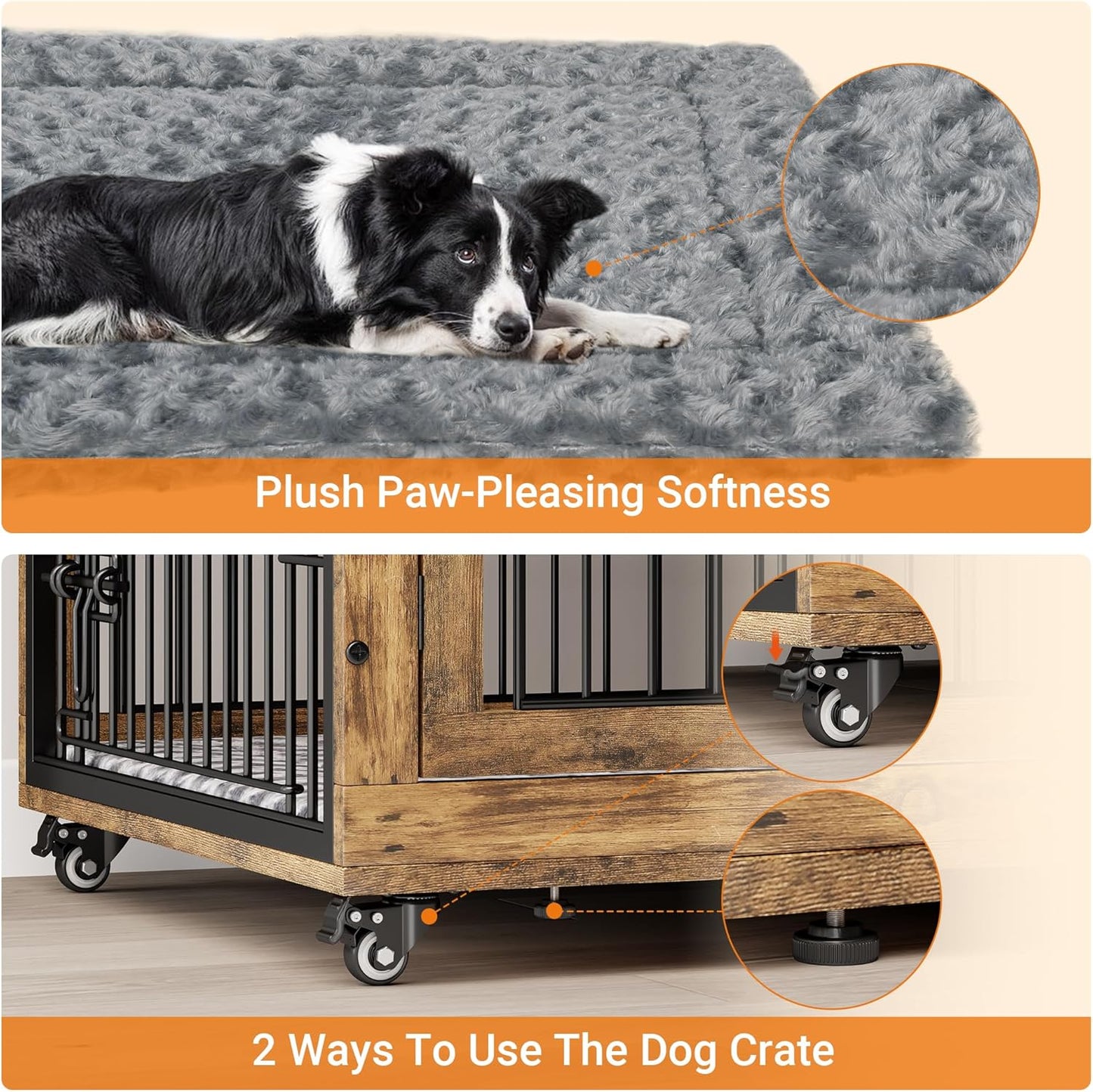 Lulive Dog Crate Furniture, XL Wooden Dog Kennel Indoor Double Doors Dog Cage, 44'' Heavy Duty Dog Crate with Cushion & Wheels, Decorative End Table Pet House Chew-Resistant for Large Dogs, Brown