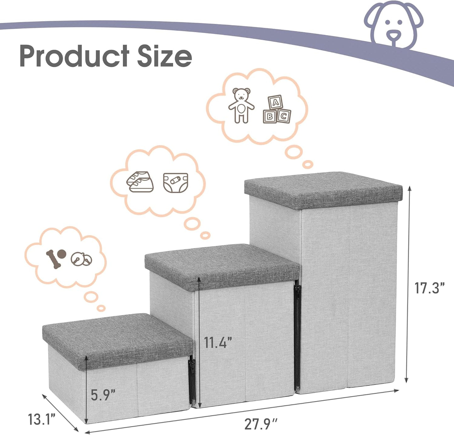 Heeyoo Dog Stairs with Storage, Foldable Dog Steps for Small Dogs, 3 Tiers Non-Slip Pet Stairs for High Beds Or Couch and Sofa, Hold up to 200 lbs Pet Cat