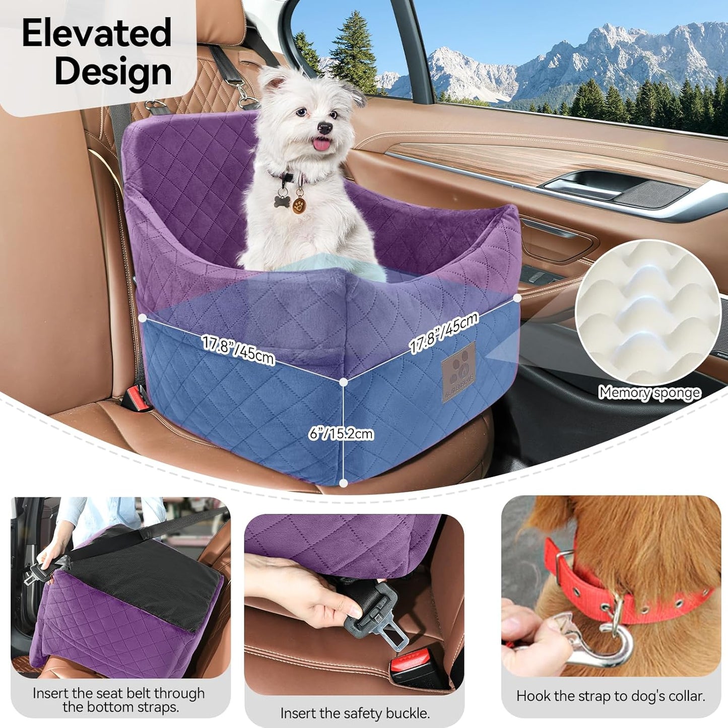 Dog Car Seat for Small/Medium Dogs, Dog Booster Car Seats with Thick Cushion for Dogs Under 35lbs, Detachable Washable Pet Carseat with Storage Pockets, 2 Safety Belts(Purple)