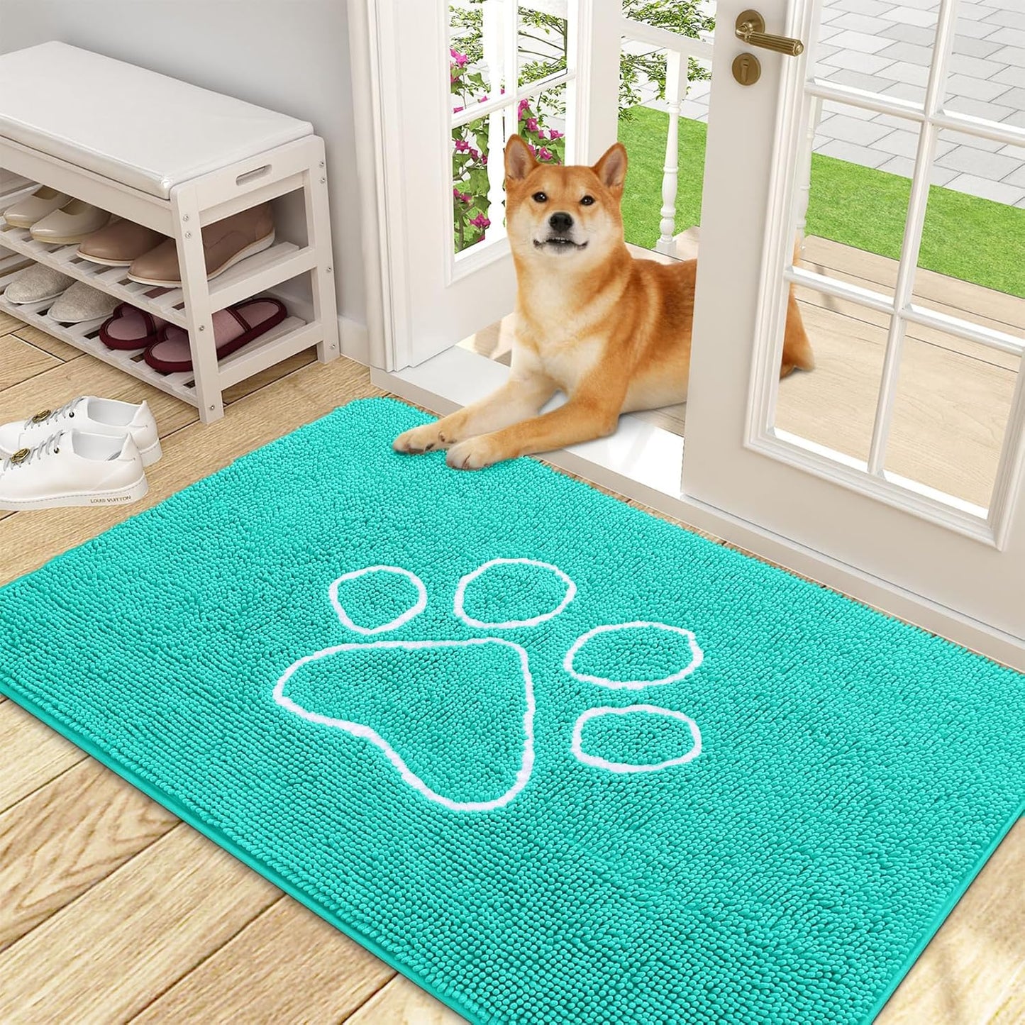 OLANLY Door Mat for Muddy Dog Paws 48x30, Ultra Absorbent Chenille Mud Doormat with Paw Print Design, Non-Slip Washable Doormat for Indoor Entryway, Quick-Dry Pet Bed Mats for Dirty Dogs, Teal