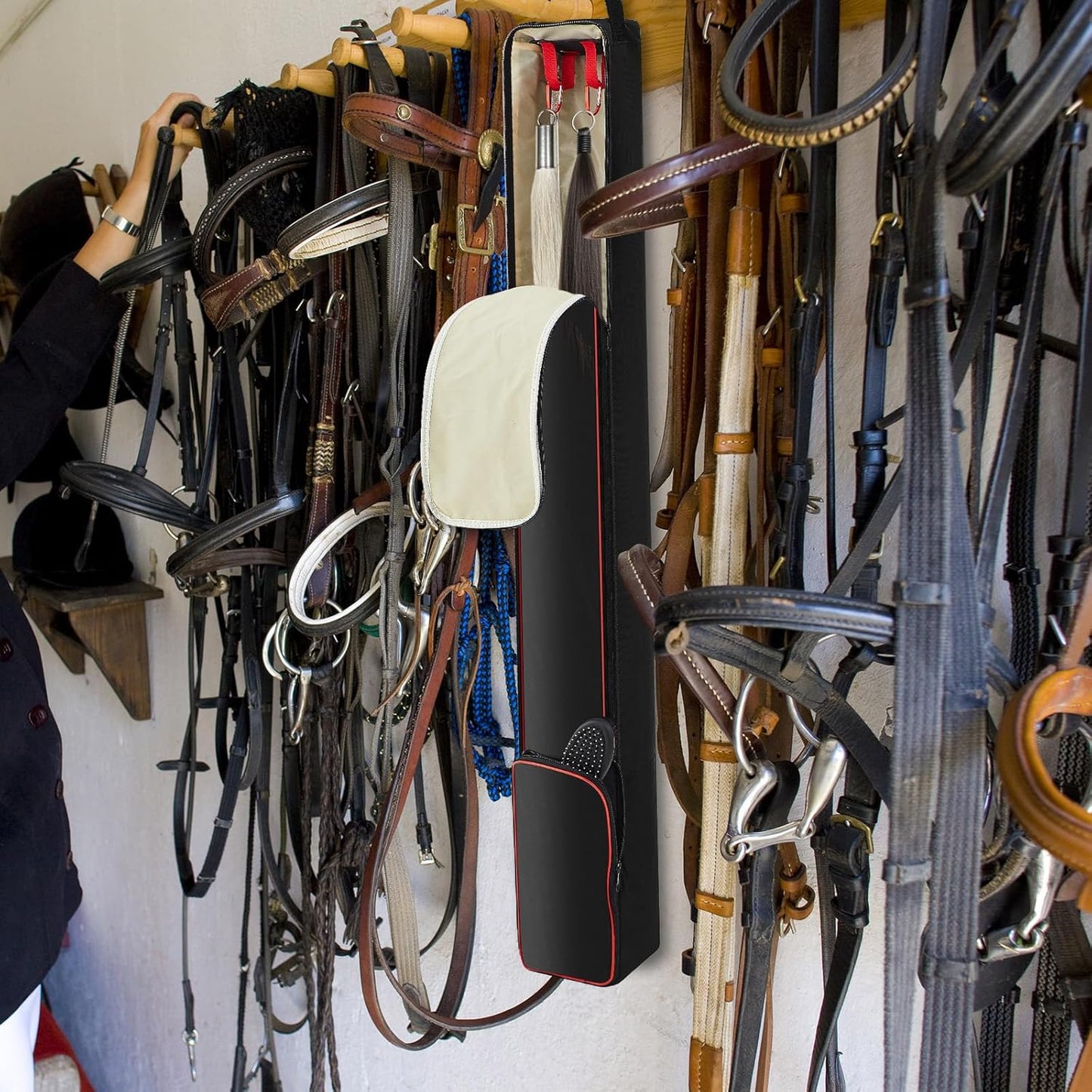 Horse Tail Extension Bag and Double Side Pin and Bristle Comb Brush, Red and Black Fake Horse Tail Bag