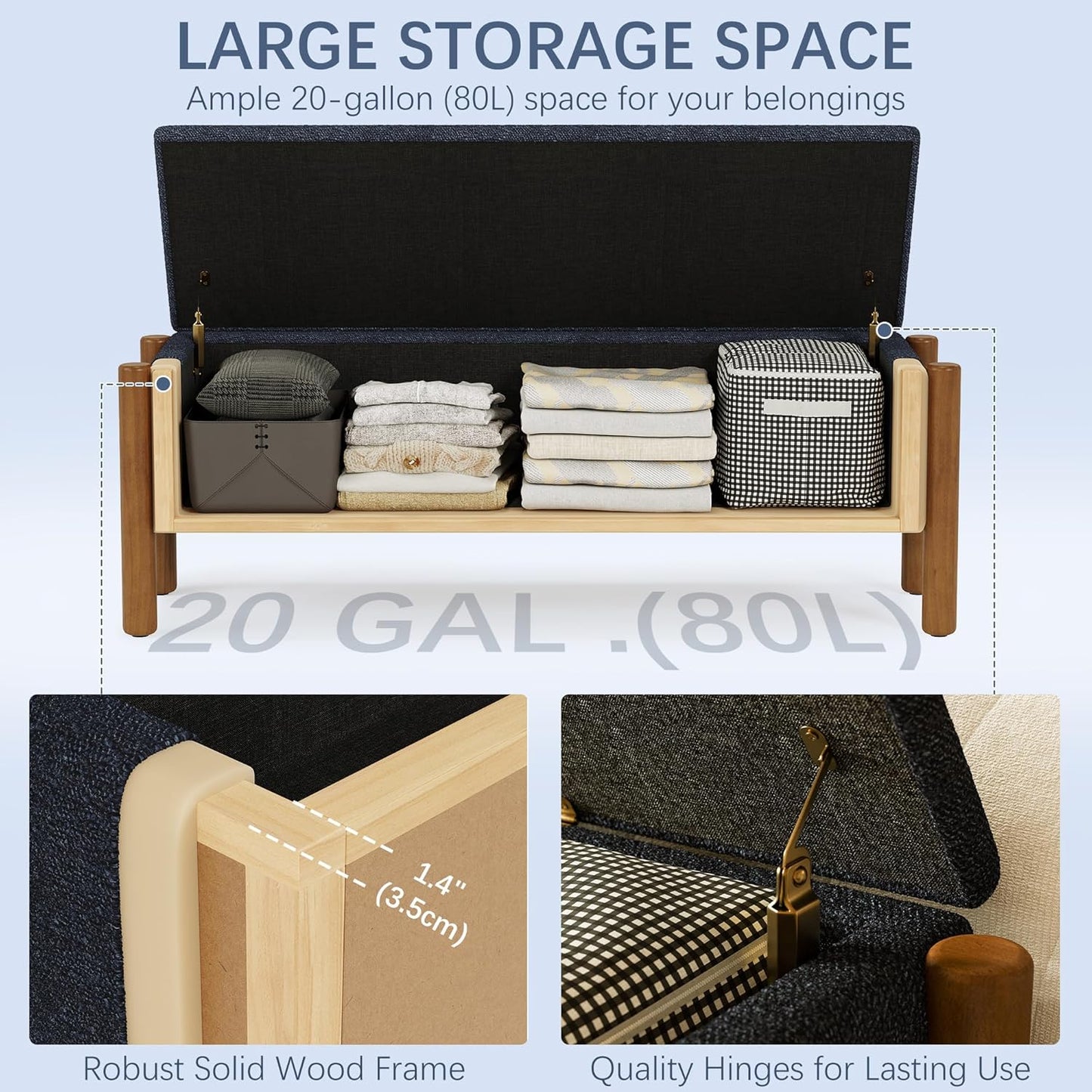 Modern Storage Benches with Walnut Wood Legs, 47'' Ottoman Bench with 20 Gallons Storage Space for Bedroom End of Bed, Fabric Upholstered Entryway Bench with Seating for Livingroom, Blue