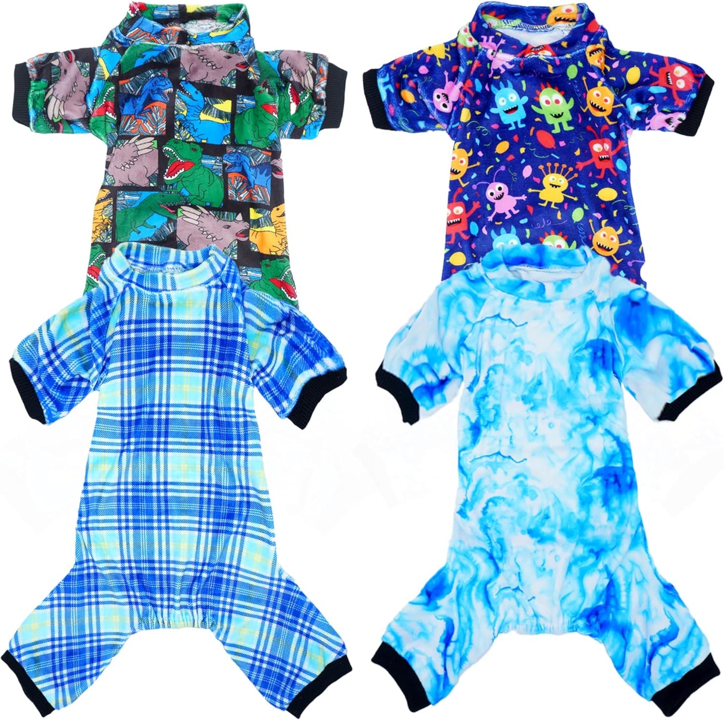 PET SHOW 4 Pack Small Dog Pajamas Cute Dinosaur Monster Clothes for Medium Dogs Soft Stretchy PJs Plaid Jumpsuit Puppy Tie Dye Onesies Outfits with Sleeve Pets Dachshund Costume(XL, Blue for Boys)