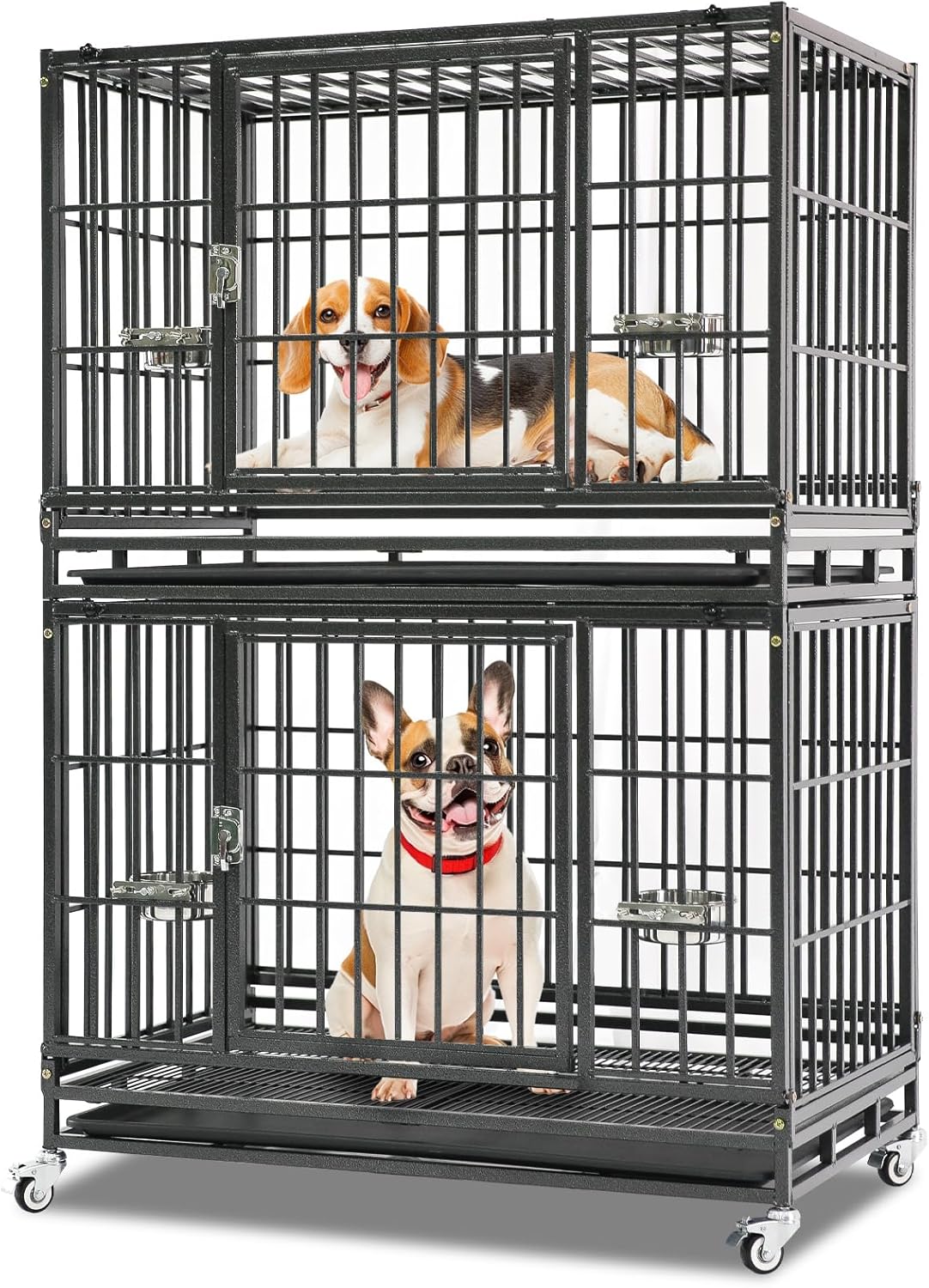 Homey Pet 37 Inch Stackable Heavy Duty Dog Crate Cage Kennel with Feeding Bowls, Lockable Wheels and Removable Tray, Escape Proof Wire Drop Dog Crates for Medium Dogs (Two Tiers)