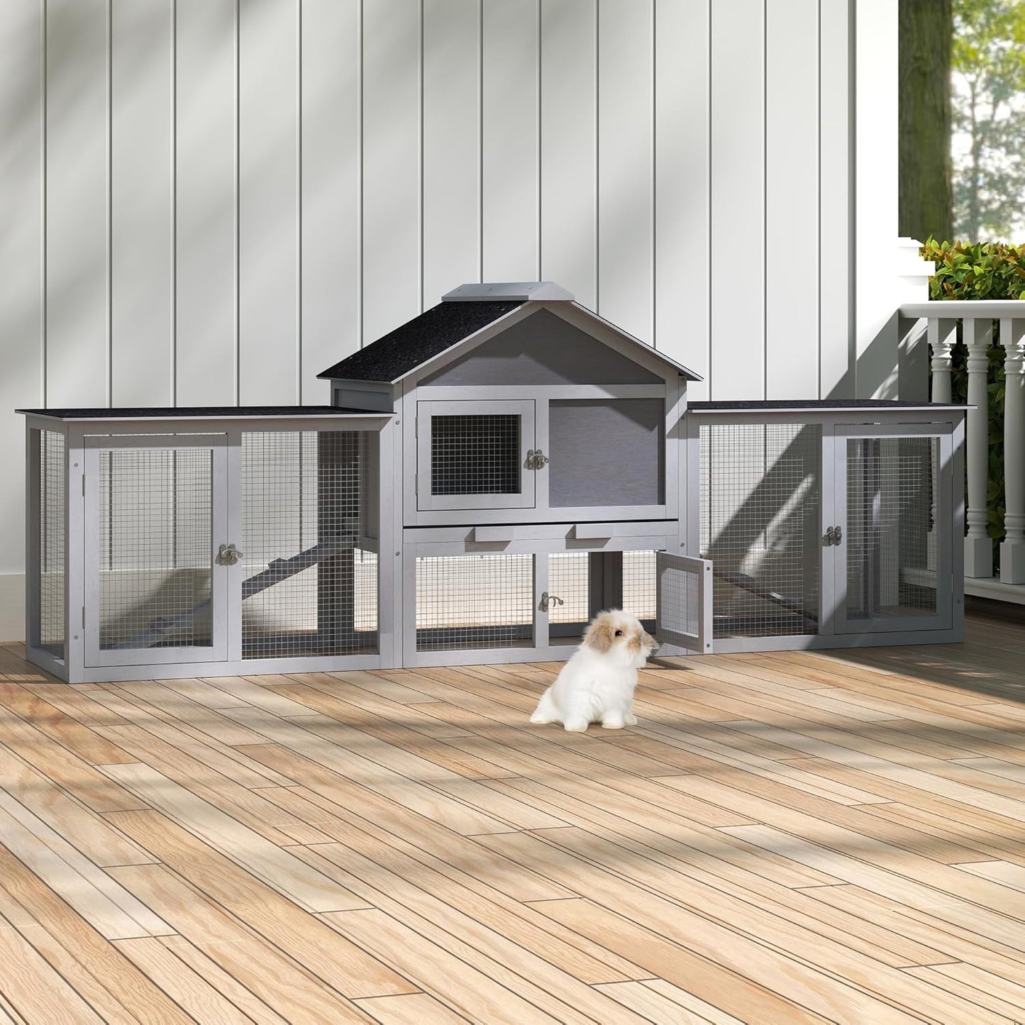 82.5” Large Wooden Rabbit Hutch Outdoor Easy to Assemble Rabbit Cage and Durable Bunny Hutch Indoor with Cleaning Tray & Waterproof Roof for Small and Medium Bunny Rabbit Chick (Grey)