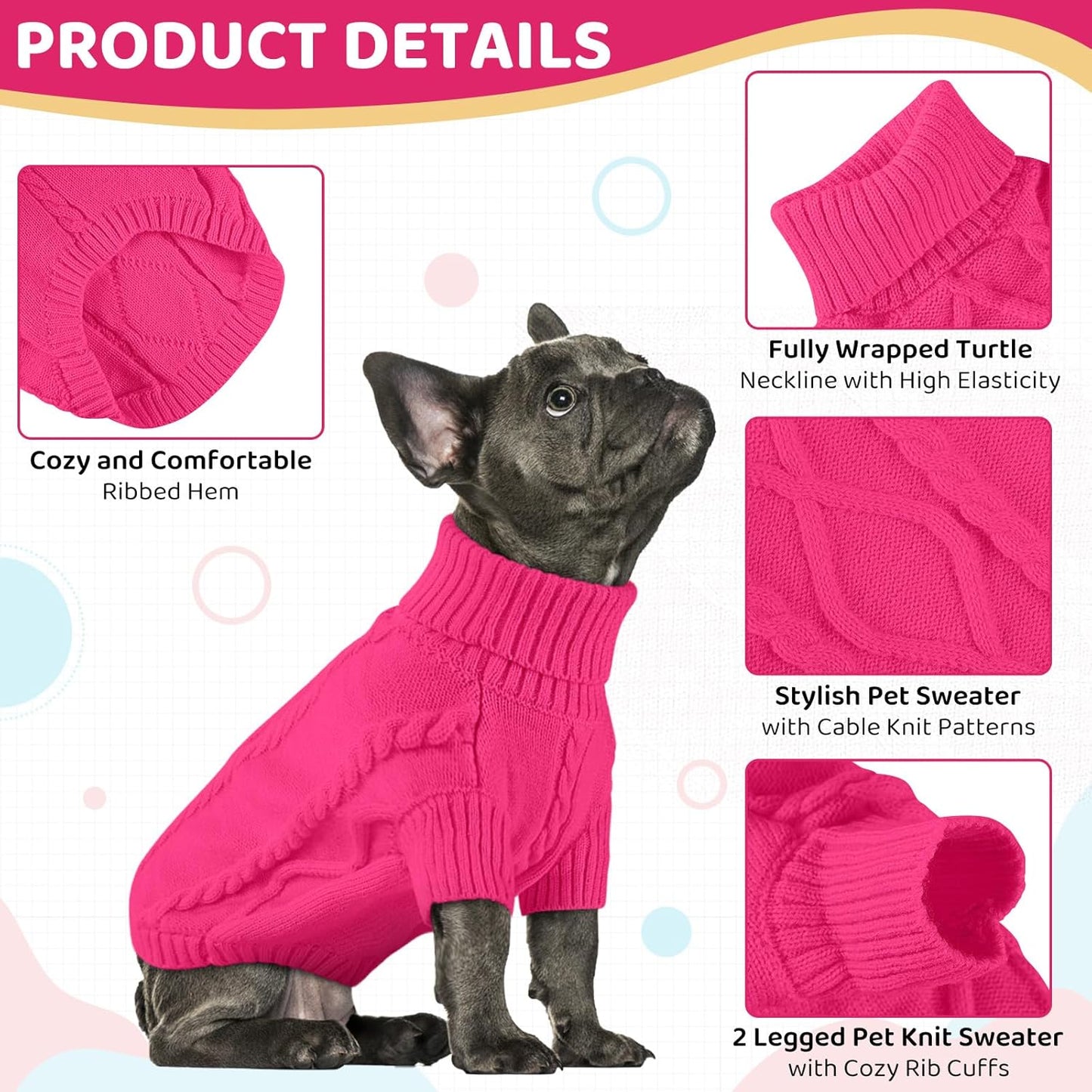 Queenmore Small Dog Pullover Sweater, Cold Weather Cable Knitwear, Classic Turtleneck Thick Warm Clothes for Chihuahua, Bulldog, Dachshund, Pug (Fuchsia, X-Large)