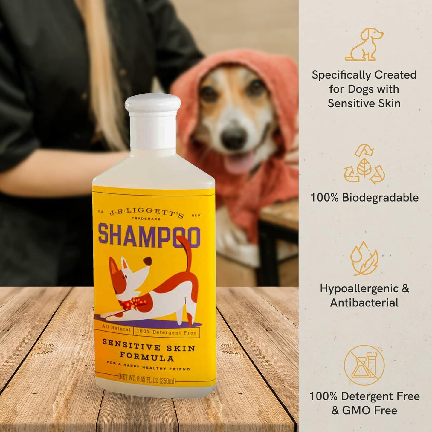 JR Liggett’s Natural Liquid Dog Shampoo for Sensitive Skin - 100% Detergent-Free, Non-GMO, Tear-Free Formula Gently Calms Dry, Itchy Skin - Safe for Puppies and for Regular Use - 8.45 fl oz