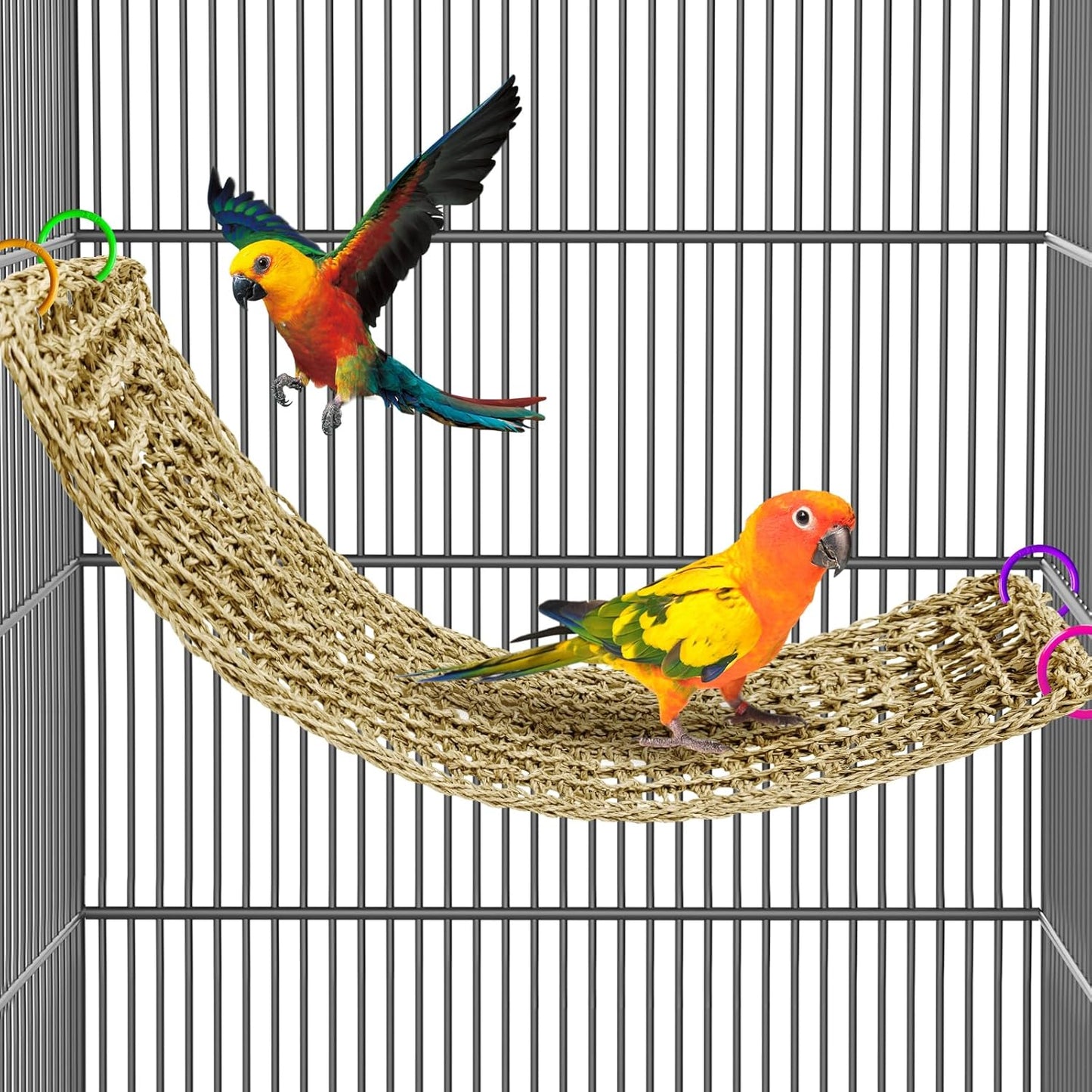 29.5 x 7 inches Large Bird Seagrass Mat Grass Woven Net Parrot Hammock Mat Parakeet Climbing Rope Ladder with Hooks Bird Cage Accessories for Conure Cockatiel Budgie Macaw