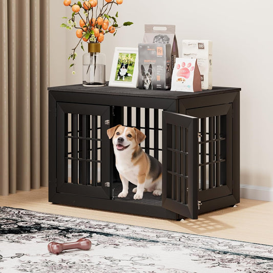 38" Heavy Duty Dog Crate Furniture for Small,Medium and Large Dogs,Rustic Wooden Dog Cage Kennel Indoor Furniture with Waterproof Top,Decorative Pet House Side End Table (Black & Grey)