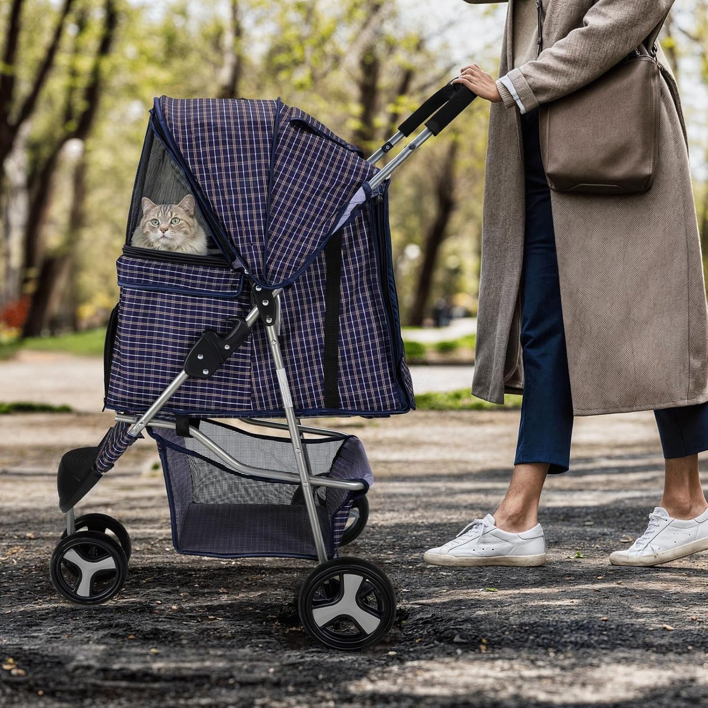 MoNiBloom 3 Wheels Pet Dog Cat Stroller for Small Medium Dogs Cats, Lightweight Foldable Jogger Stroller w/Storage Basket and Cup Holder, Plaid