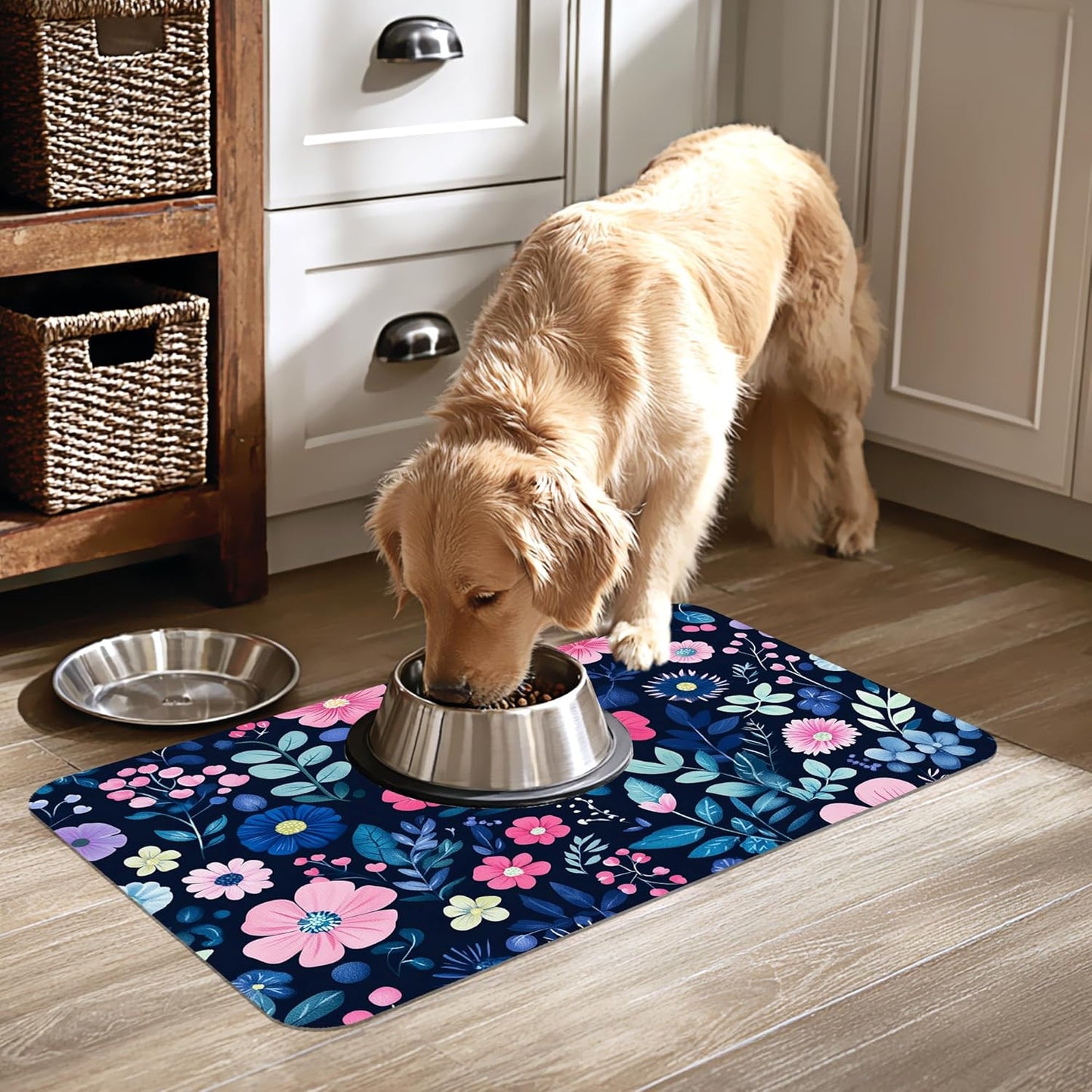 Groovy Wildflowers Pet Feeding Mat-Quick Dry Absorbent Dog Cat Food Mat, Anti-Slip Water Bowl Mats for Messy Eaters-No Stains Indoor Pet Accessories 12"x20"