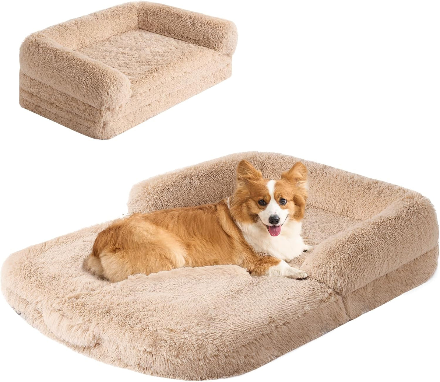 EHEYCIGA Foldable XL Dog Bed, Faux Fur Fluffy Pet Couch Bed for Large Dogs, Orthopedic Calming Memory Foam Big Pet Bed, Washable Soft Pet Sofa Bed with Non-Slip Bottom, Camel, 46"x34"x6.5"