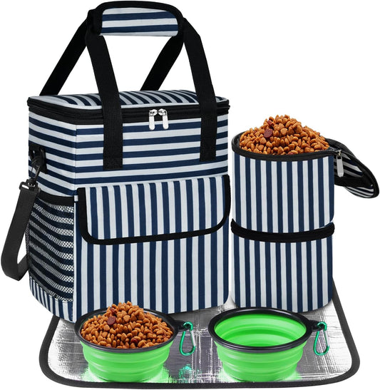 Dog Travel Bag for Camping - Pet Travel Accessories with 2 Collapsible Bowls, 2 Food Containers & Waterproof Feeding Mat - Portable Dog Carrier, Stripe (Small)
