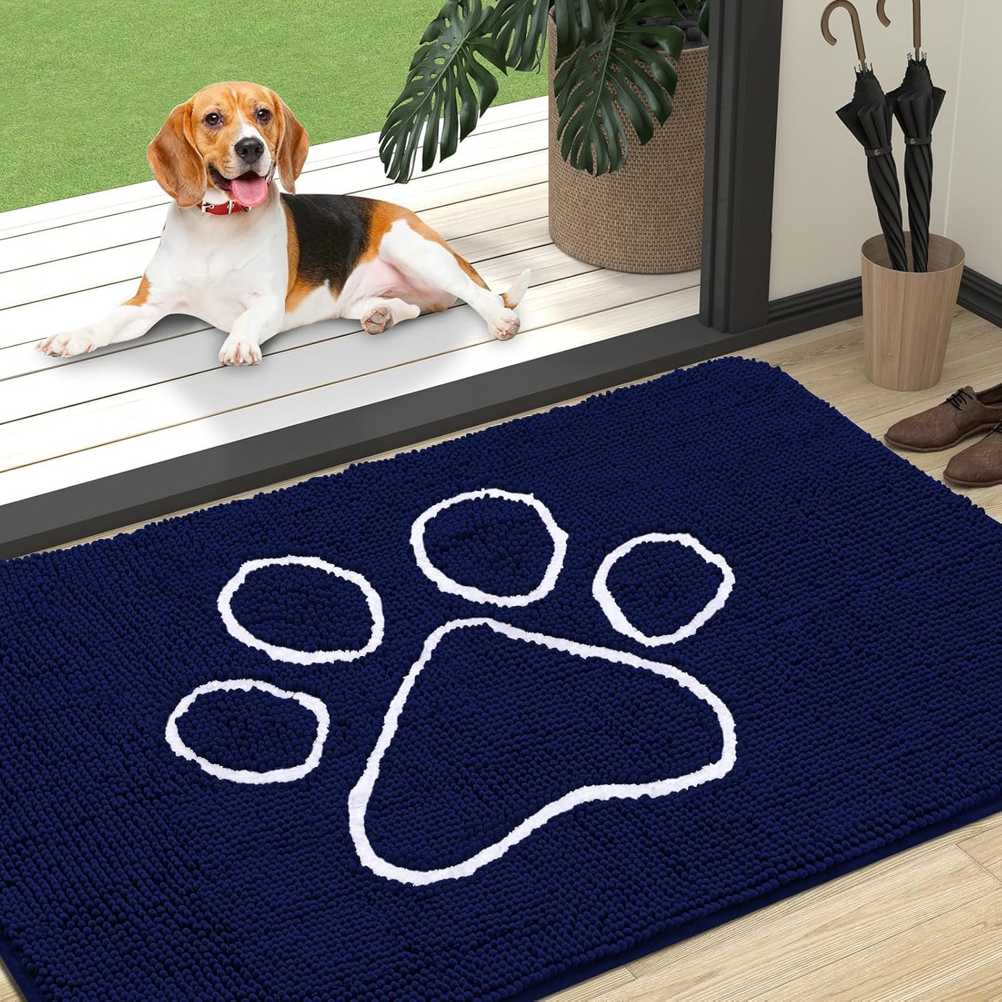 OLANLY Door Mat for Muddy Dog Paws 47x32, Ultra Absorbent Chenille Mud Doormat with Paw Print Design, Non-Slip Washable Doormat for Indoor Entryway, Quick-Dry Pet Bed Mats for Dirty Dogs, Navy Blue