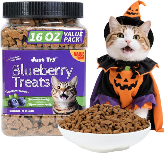 Just Try 16 OZ Blueberry Cat Treats for Indoor Cats, Gluten Free, Low-Calorie Healthy Cat Snacks, Plant-Based Fiber-Rich Natural Chicken Flavor Training Treats