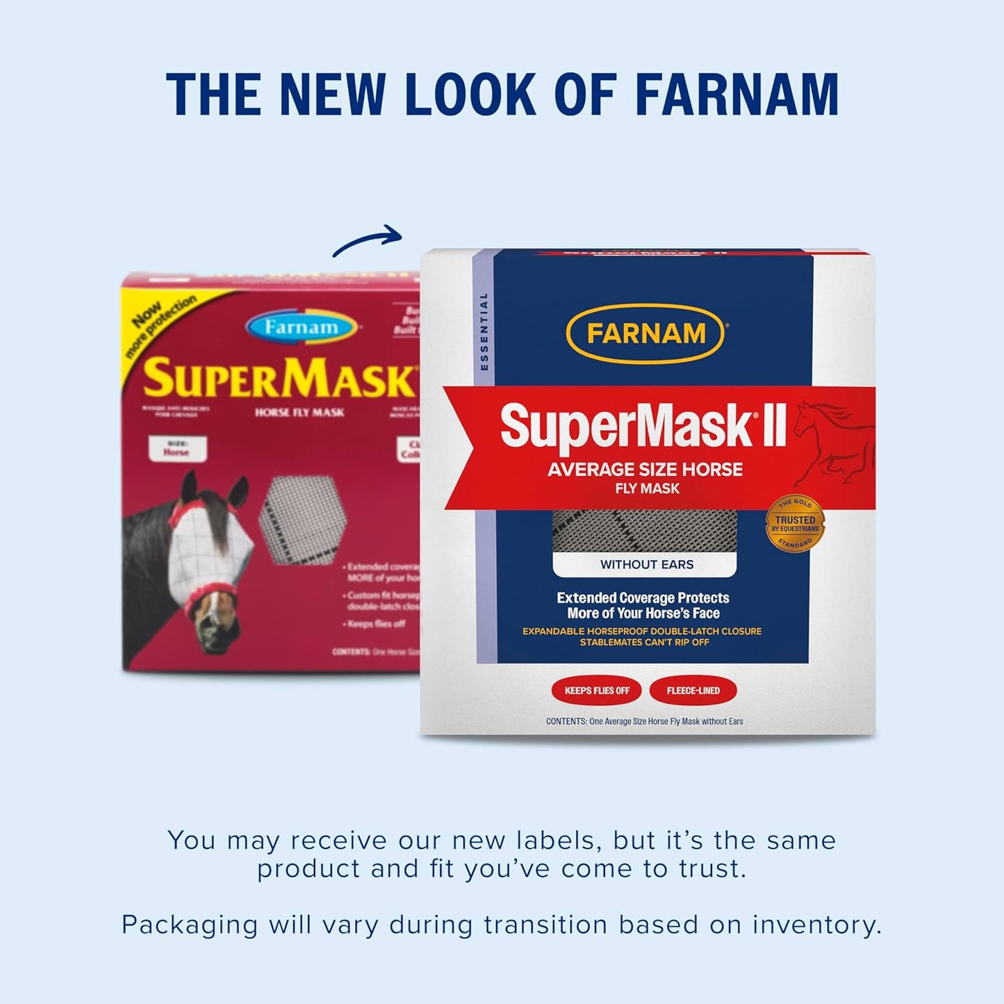 Farnam SuperMask II horse fly mask without ears, extended coverage, protects eyes from insects and debris, adjustable throat latch, Average Horse Size