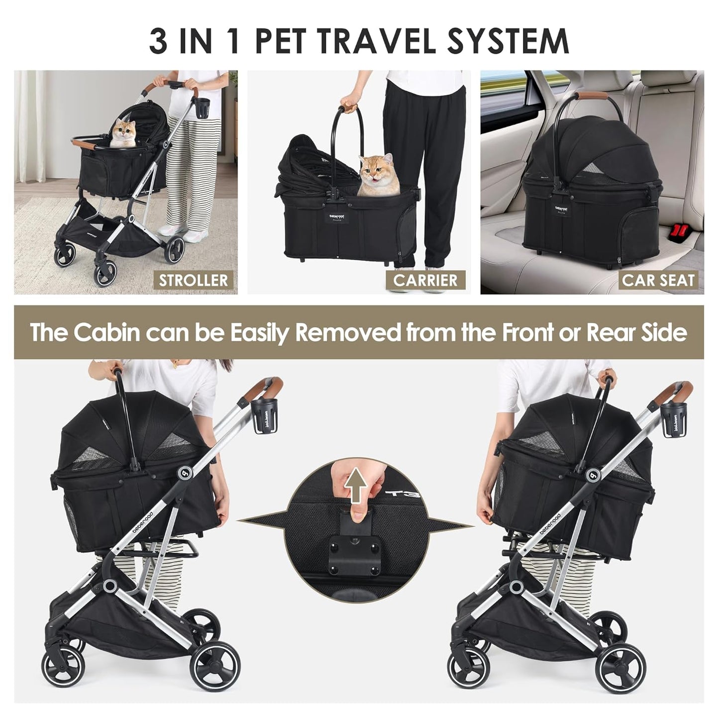 T3 Pro 3-in-1 Small Pet Stroller for Dog & Cats, 4 Wheels with Detachable Carrier with Pad, Canopy and Cup Holder (Black)