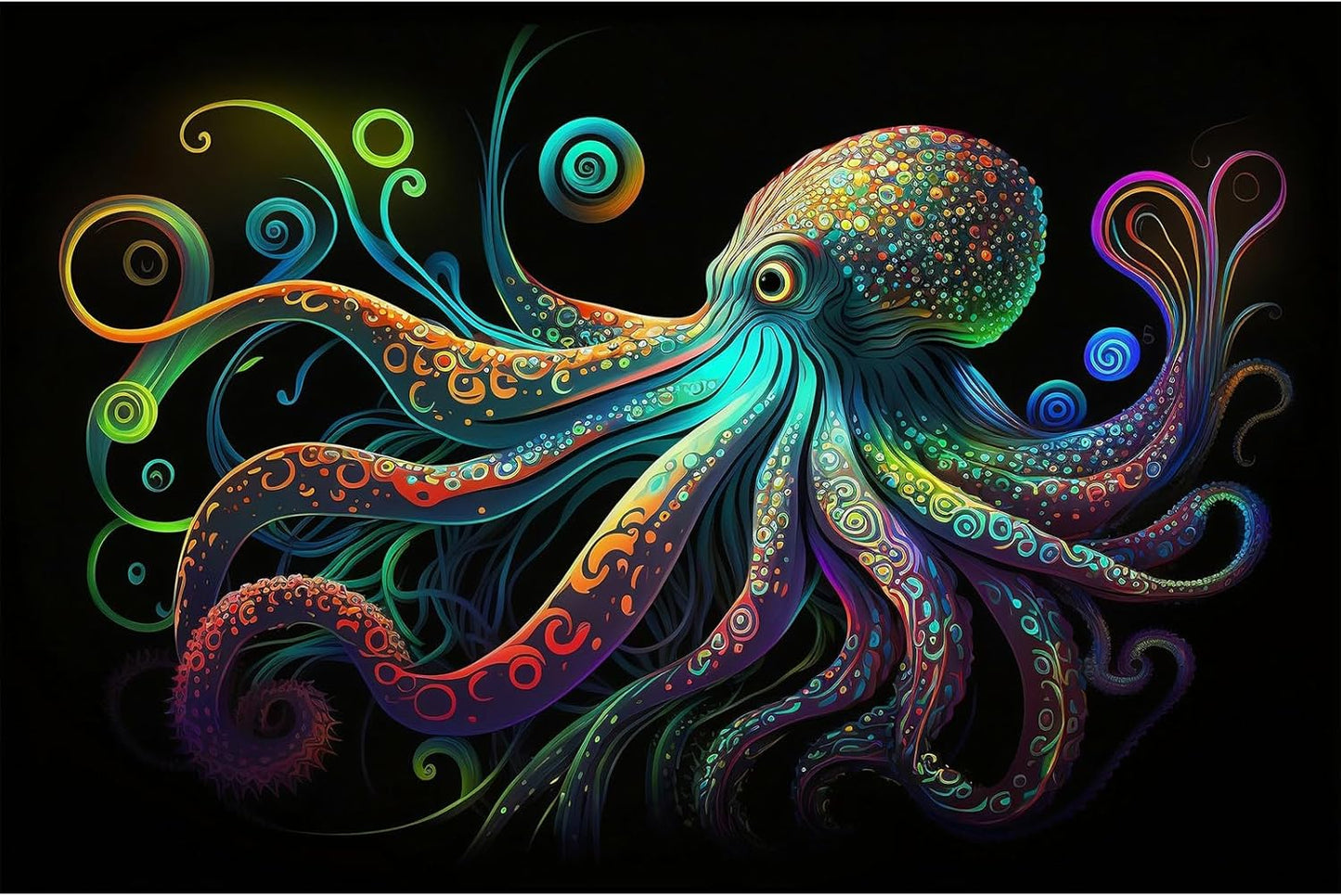 Octopus Aquarium Background Exquisite Colorful Octopus Terrarium Background Glowing Octopus on Black Background Fish Tank Backdrop Octopus Backdrops Poster Wallpaper Decorations Vinyl 36x20in