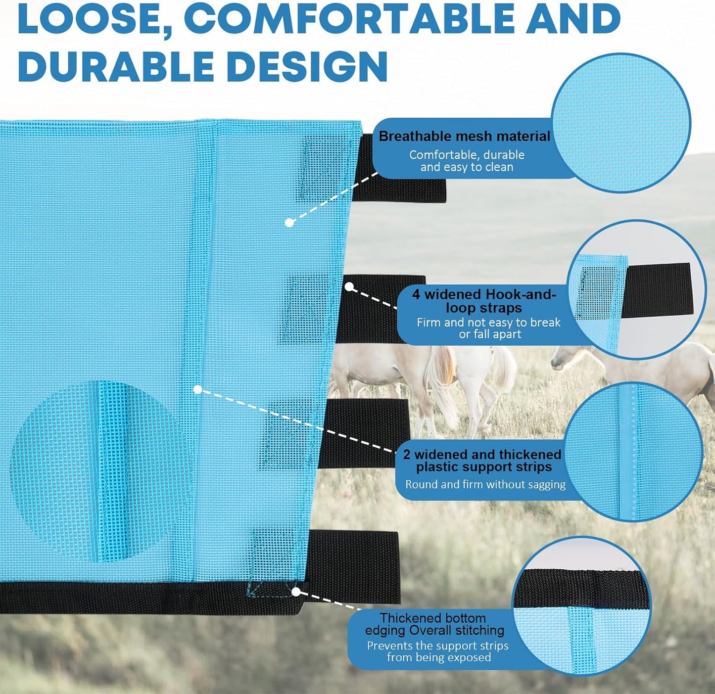 Premium 4-Pack Horse Fly Boots & Leggings Loose-Fit Fine Mesh with Stay-On Fasteners, Support Strips & Anti-Stomp Design Breathable Non-Slip Protection Leg Wrap (Large) Sky - Blue