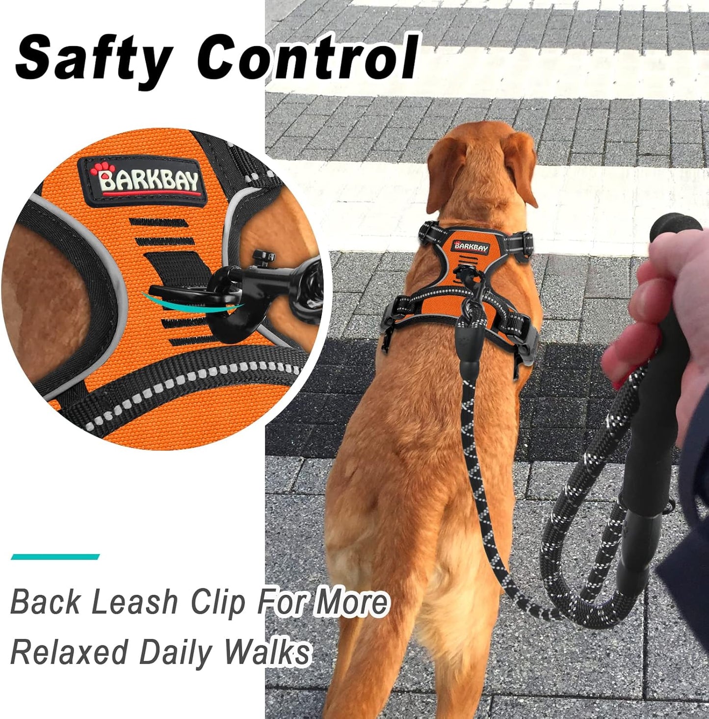 BARKBAY No Pull Dog Harness Large Step in Reflective Dog Harness with Front Clip and Easy Control Handle for Walking Training Running(Orange,M)