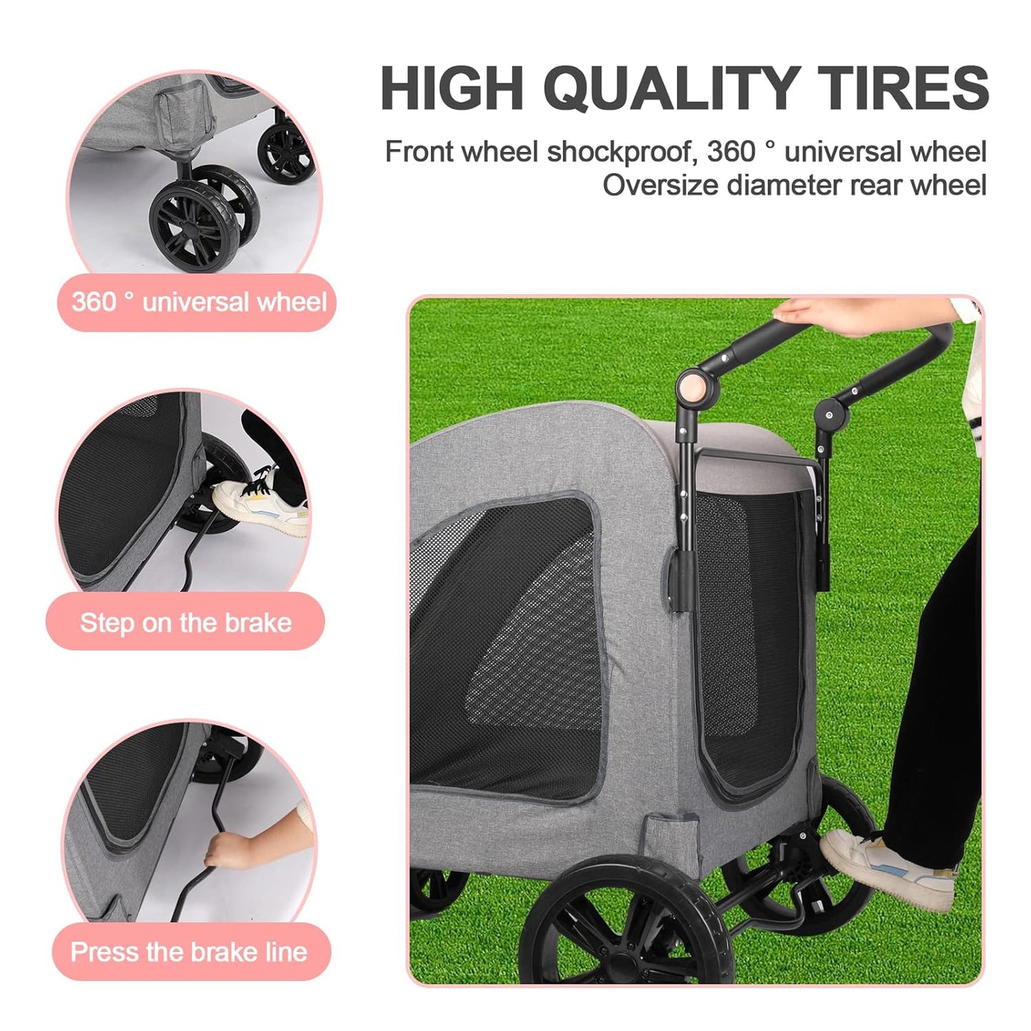 Large Dog Travel Stroller with 4 Heavy Duty Wheels Pet Stroller with Adjustable Handle - Double Doggie Capacity Jogger Wagon with Back Front Door for Small Medium Large Dogs (Dark Light Gray)
