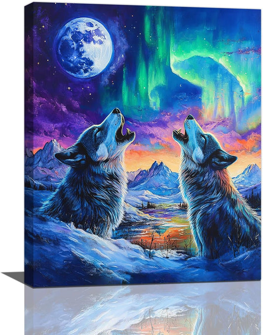 Wolf Wall Art Wolves Canvas Wall Decor Prints Framed Painting Aurora Pictures Gifts Artwork for Bathroom Bedroom Living Dining 16"x20"