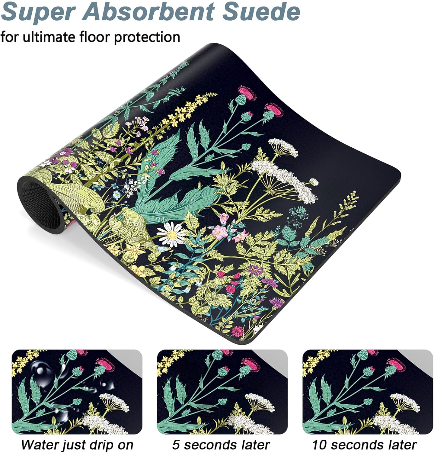 Rnivvi Dog Food Mat, 16" x 24" Flower Absorbent Dog Cat Bowl Mat for Food and Water, Cute Anti-Slip Rubber Pet Feeding Rug Protect Floors, Puppy Placemat for Feeding & Watering Supplies,Black Floral