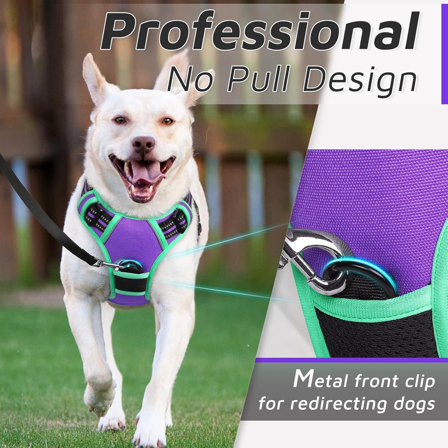 Eagloo Dog Harness for Large Dogs, No Pull Service Vest with Reflective Strips and Control Handle, Adjustable and Comfortable for Walking, No Choke Pet Harness with 2 Metal Rings, Purple & Green, XL