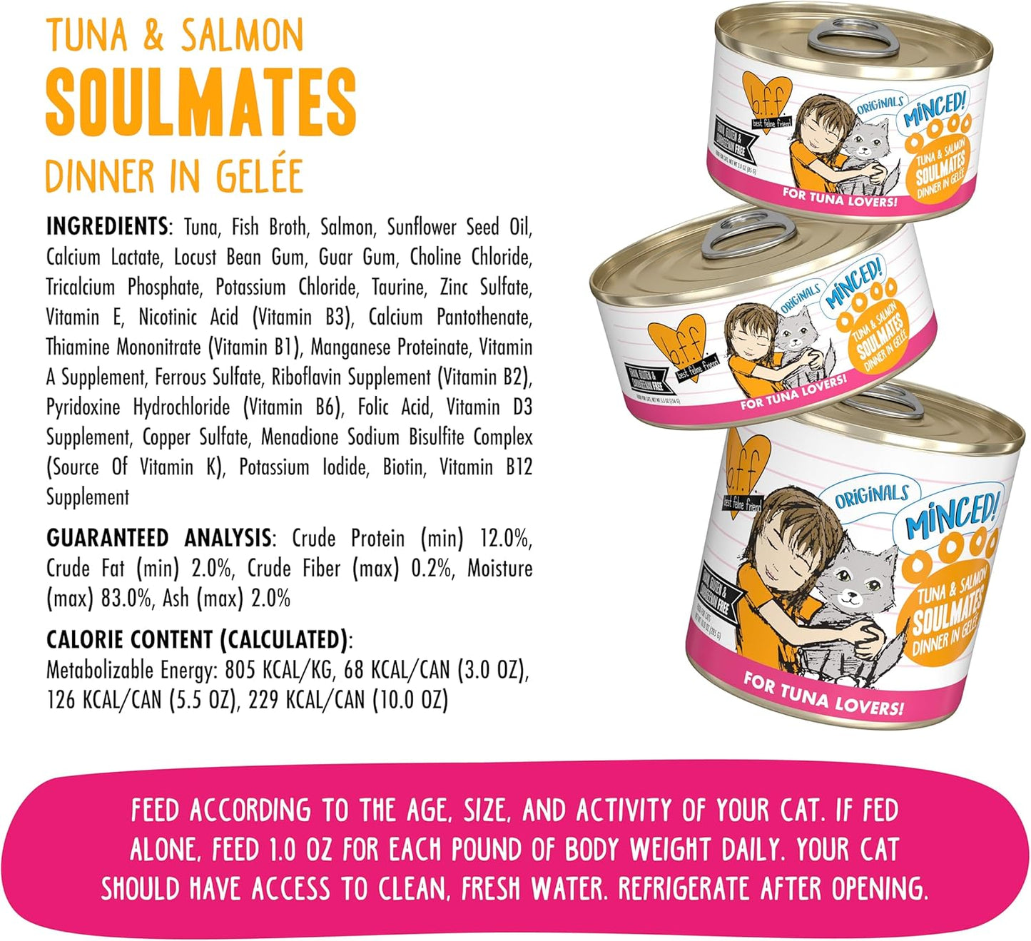 Weruva BFF Minced Natural Wet Cat Food, Tuna and Salmon Soulmates in Gelee, 5.5oz Can, Pack of 24