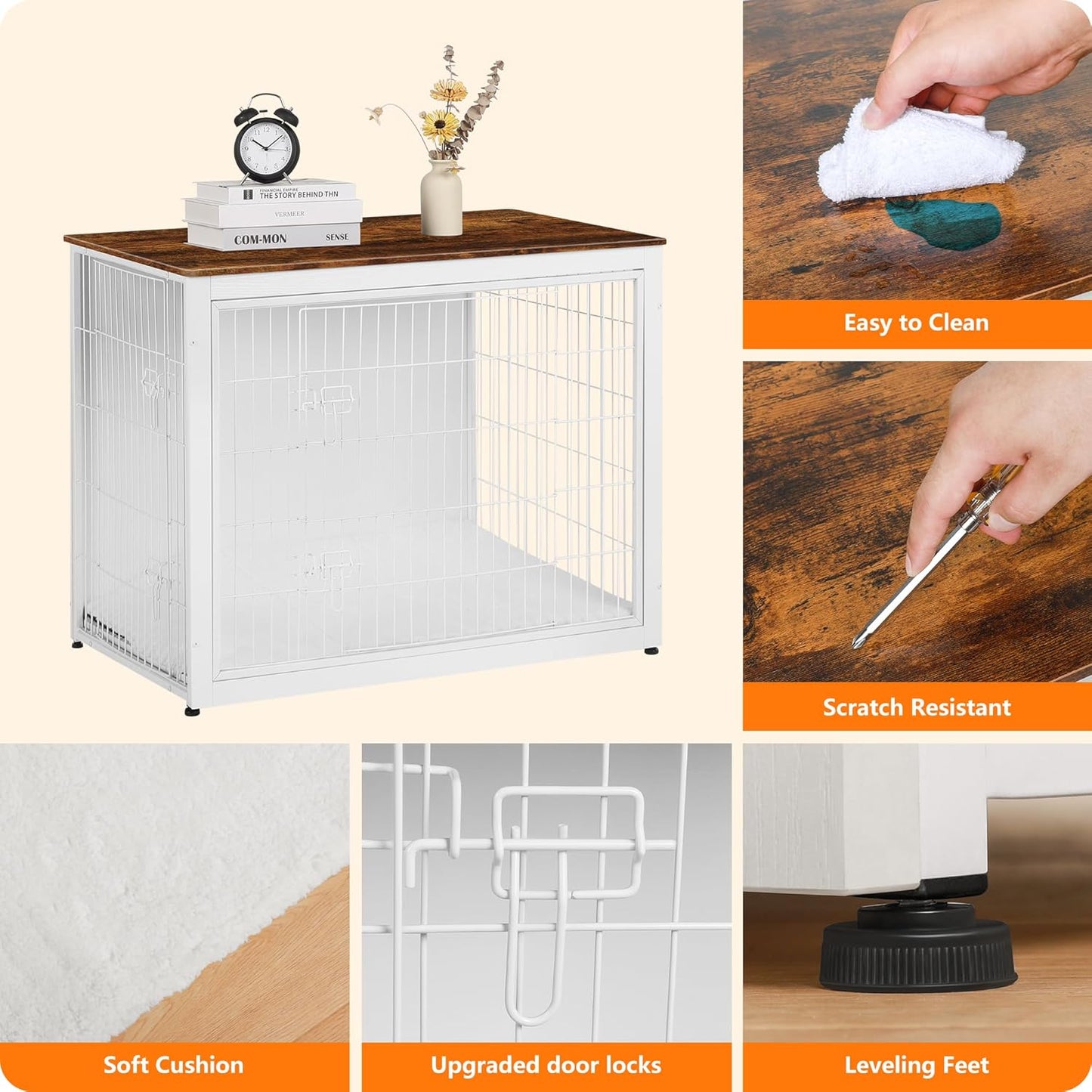 DWANTON Dog Crate Furniture with Cushion, Wooden Kennel Table with Double Doors, Indoor Dog House, Extra Large Size, 43.3" L, White+Rustic Brown