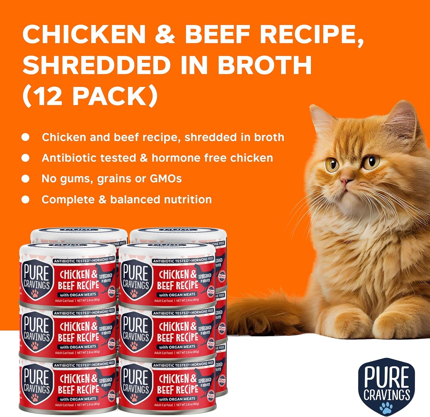 Chicken and Beef Recipe in Broth, Shredded Wet Cat Food, Grain-Free Protein, Non-GMO, 12 Pack